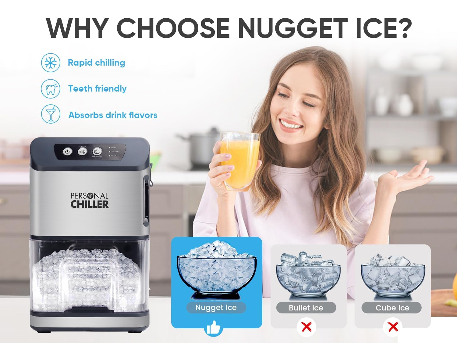 Personal Chiller Nugget Ice Maker Machine, 55lbs/24h Self-Cleaning Soft Ice Maker Machine, Chewable Ice Machine For Home Bar, Coffee Shop, Business on Fridge.com - View 2