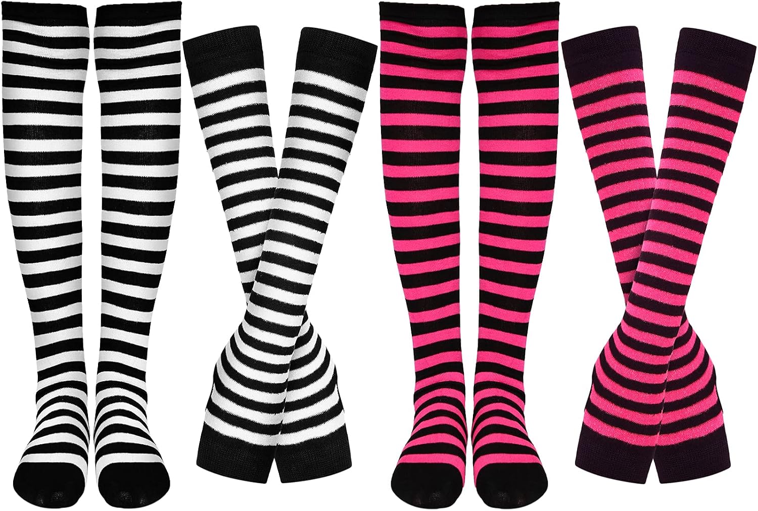 SATINIOR 4 Pairs Women's Striped Arm Warmer Long Striped Socks Knit Fingerless Gloves Set Winter Costume (Black-White, Black-Rose Red)