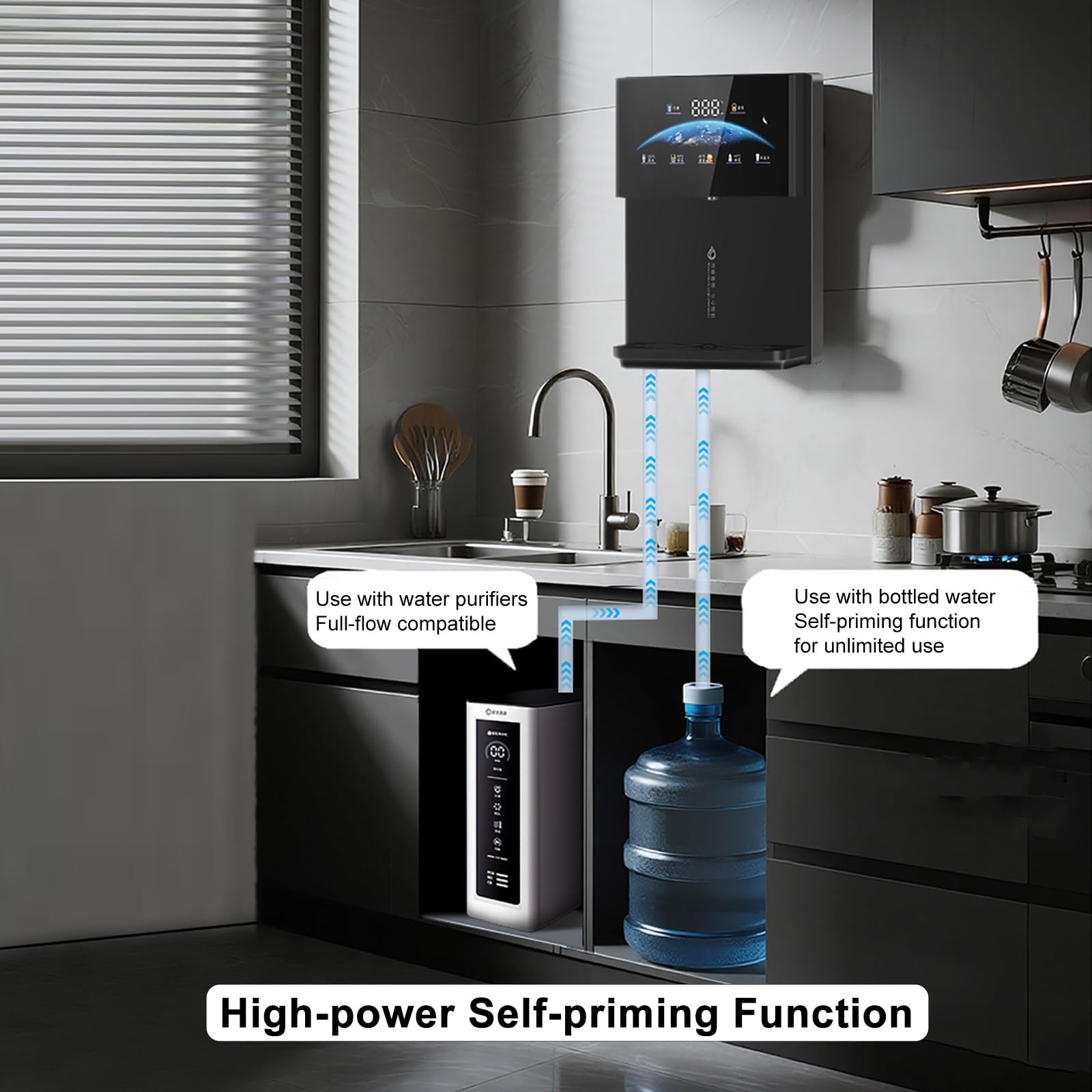 Dispenser Acqua a Riscaldamento Istantaneo da 2200 W, Refrigeratore D'acqua da Ufficio a Parete, Capacità di Riscaldamento di 20 L/h, 5 Temperature e 4 Tipi di Acqua Erogati