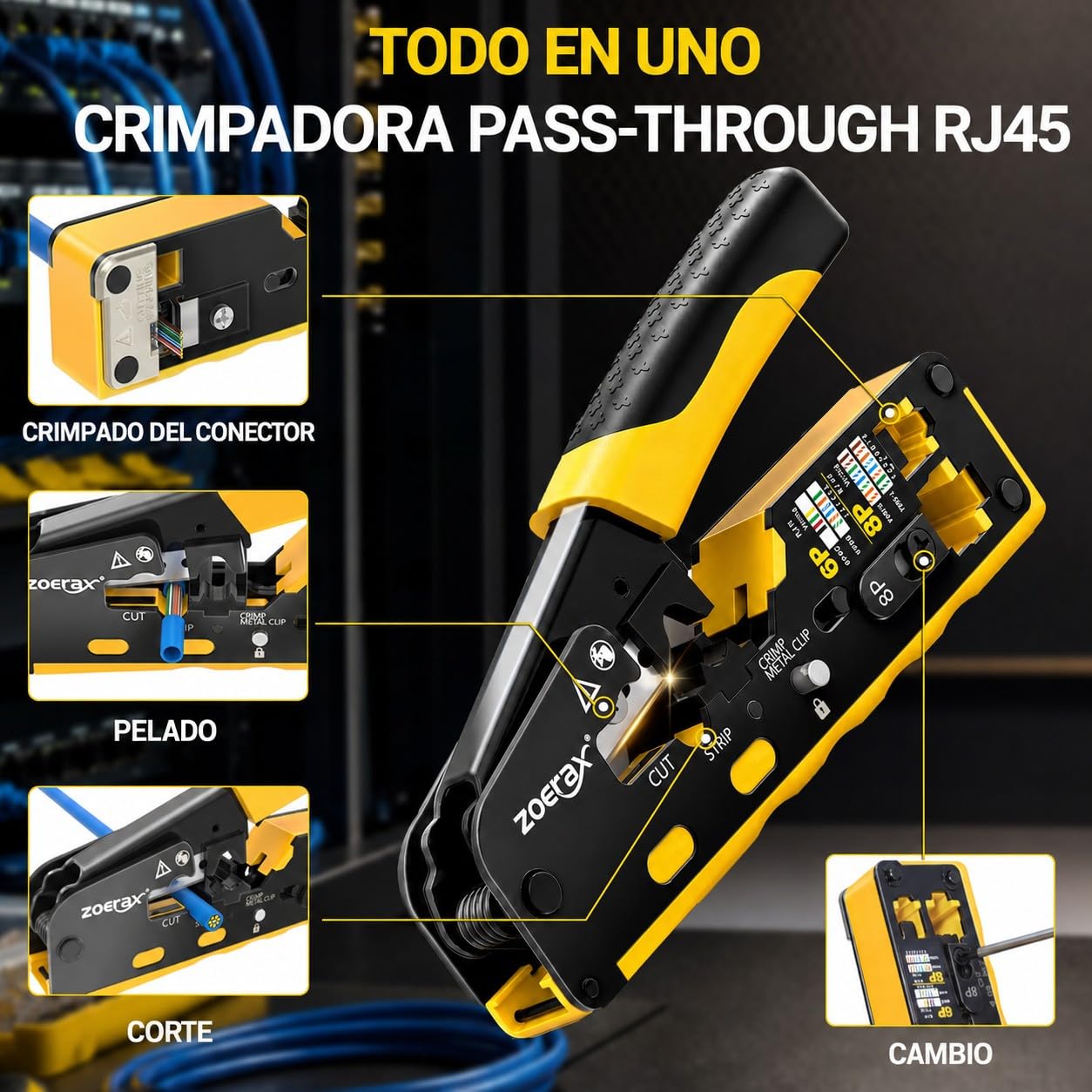 Kit de herramientas de paso RJ45 para Cat7, Cat6 y Cat5. Incluye comprobador de cables, pelacables, cortadores, 50 conectores Cat6 y botas de descarga, herramientas de red Ethernet para manualidades
