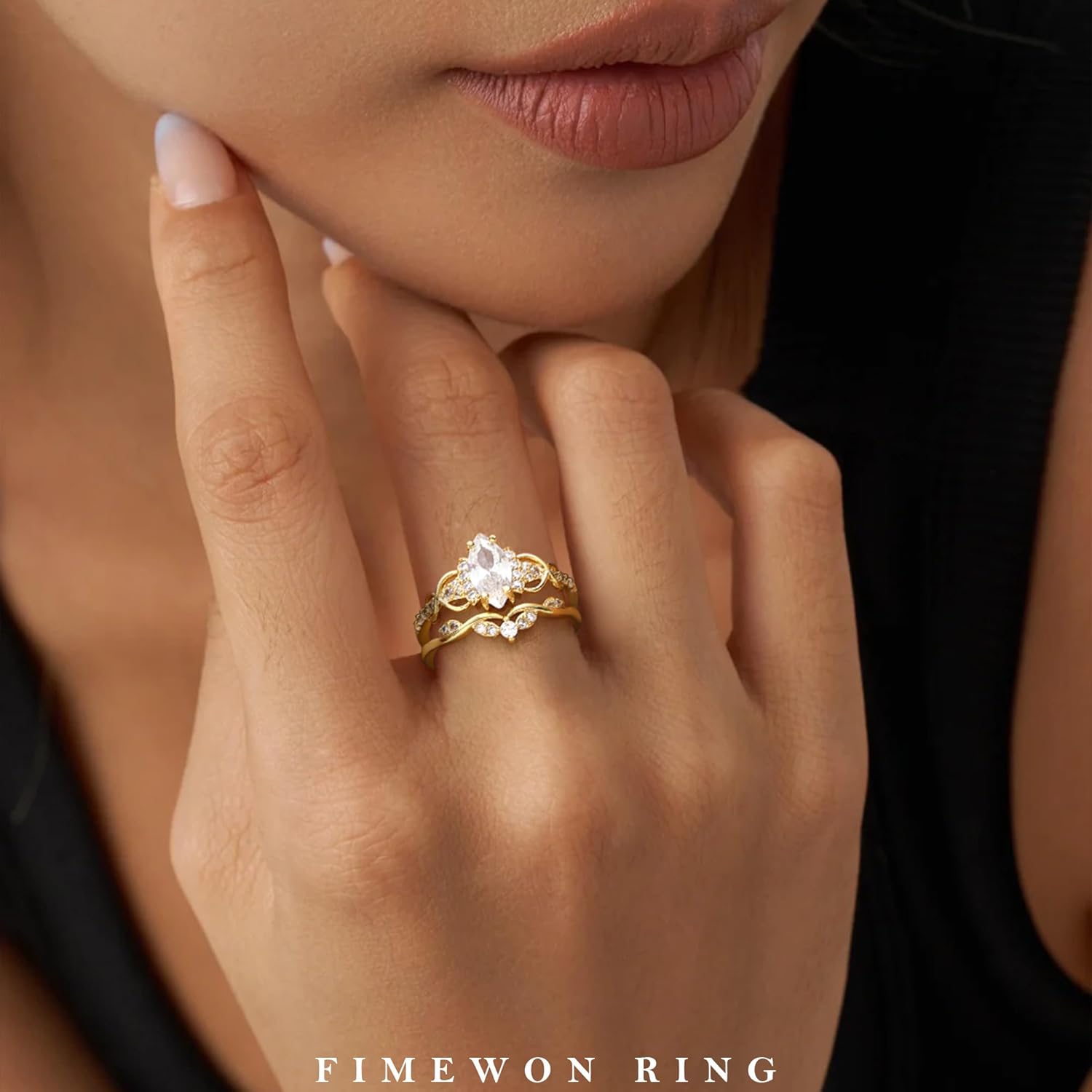 Cubic Zirconia Rings for Women Non Tarnish Marquise Engagement Ring Set 14K Gold Plated Rings Vintage Wedding Band for Her Size 5-10 - Image 2