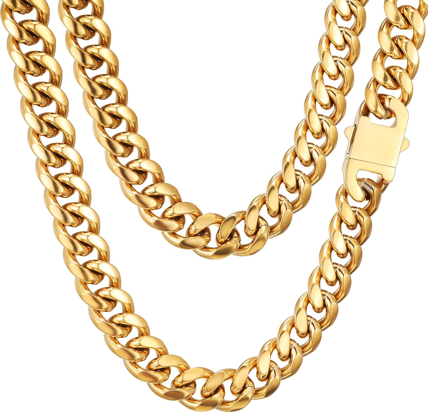 Miami Cuban Link Chain Necklace for Men Women Gold Plated Silver Black Stainless Steel Curb Chain Necklace 5mm/7mm/8mm/9mm/12mm/14mm Width 18 to 30 inch Secure Clasp Hip Hop Jewelry Gifts for Men