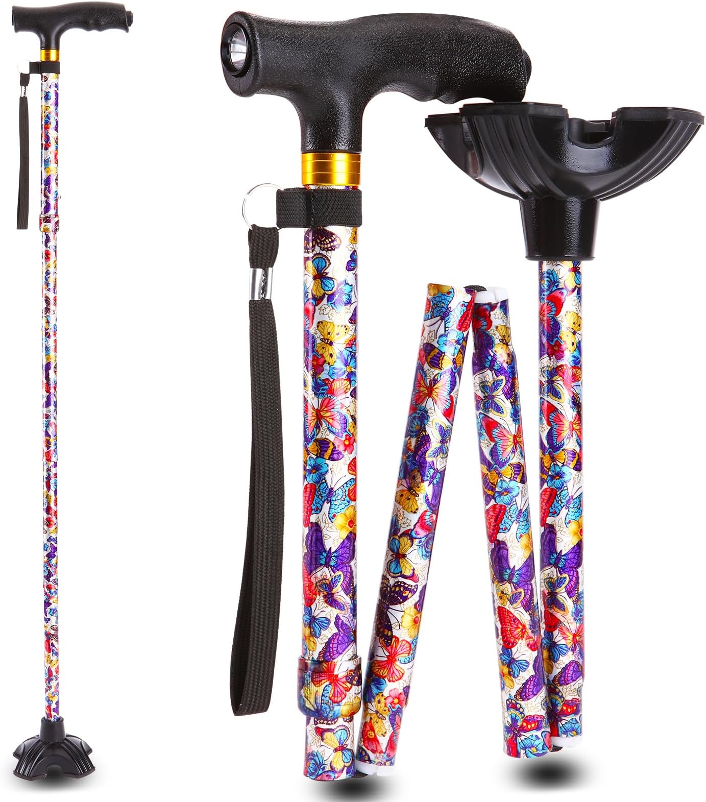 Walking Cane - Foldable, Adjustable, Collapsible Walking Canes for Men & Women, with Lamp All Terrain Tip, with Travel Bag | Walking in The Evening with LED Light Purple