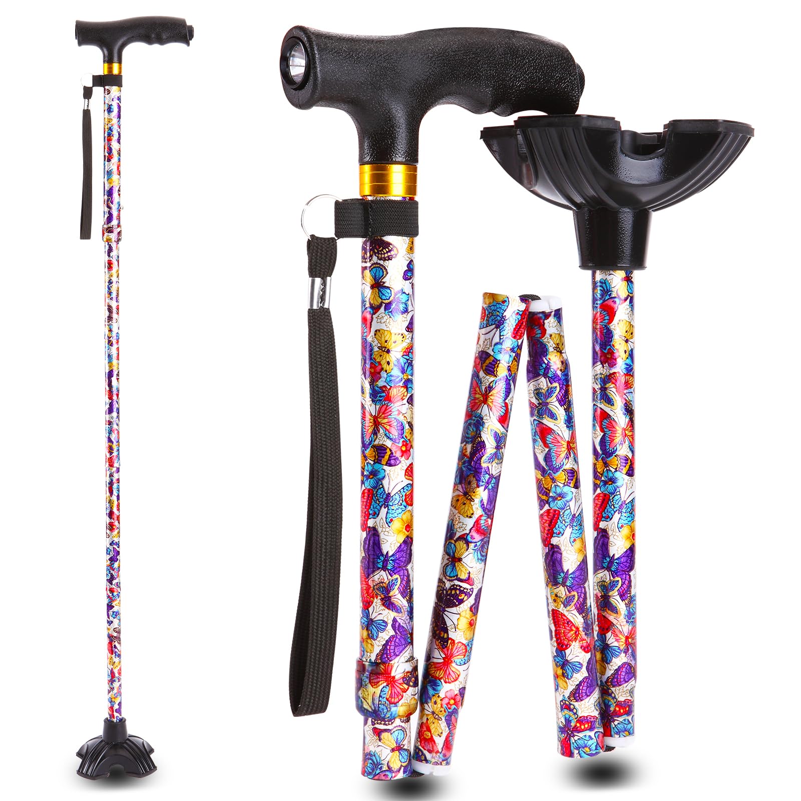 Walking Cane - Foldable, Adjustable, Collapsible Walking Canes for Men & Women, with Lamp All Terrain Tip, with Travel Bag | Walking in The Evening with LED Light Purple