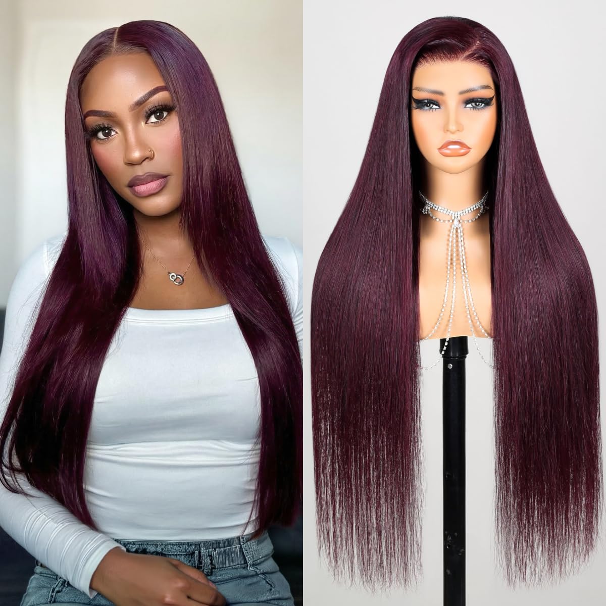 Megalook hair 6x5 Lace Closure Glueless Straight Wigs Human Hair Pre Plucked Pre Cut 220% Density 99J Burgundy Wig Human Hair Purple Wig for Beginner