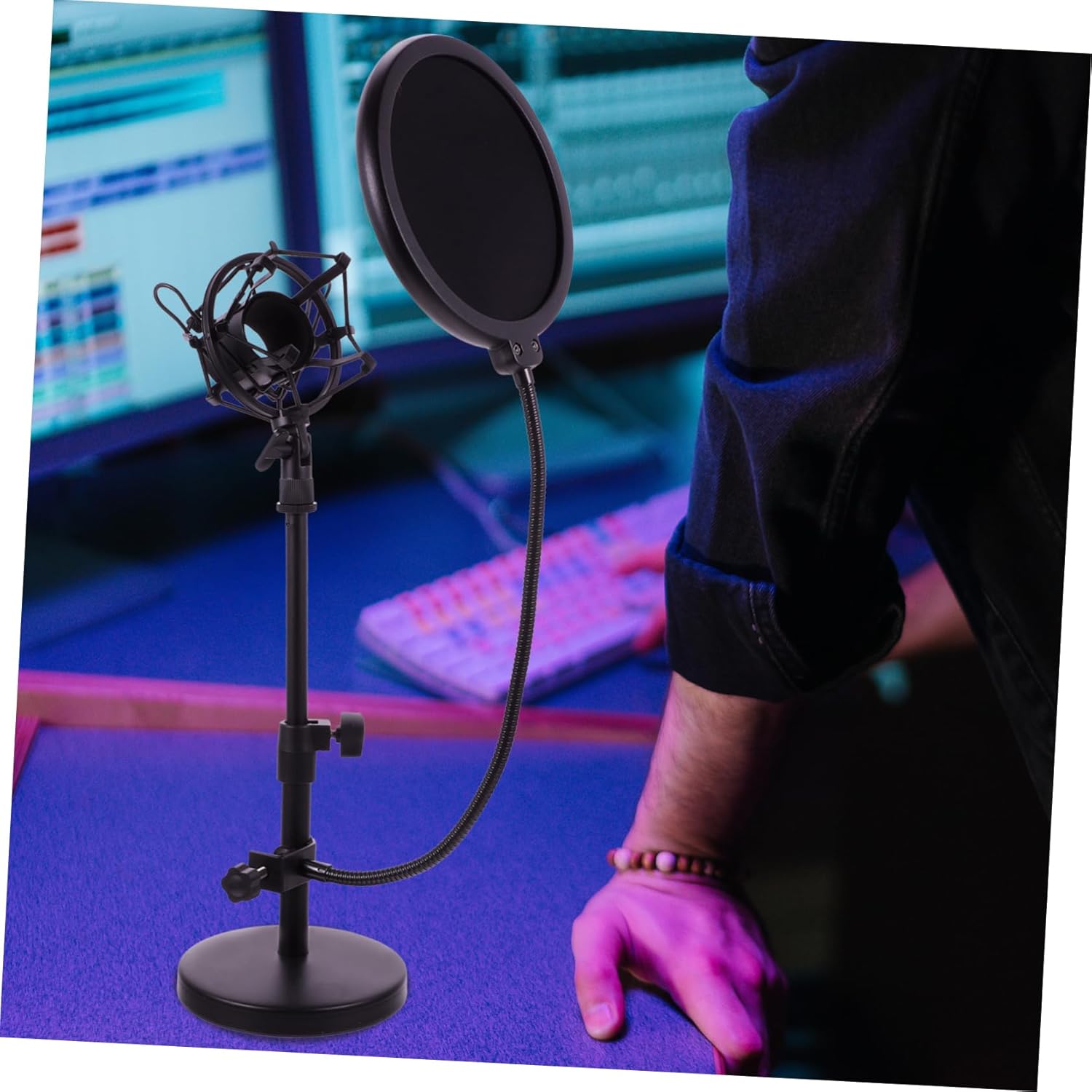 Yardwe Sturdy Microphone Stand Metal Mic Bracket Pop Filter Adjustable Height Shockproof Windscreen Compatible In-one for Recording