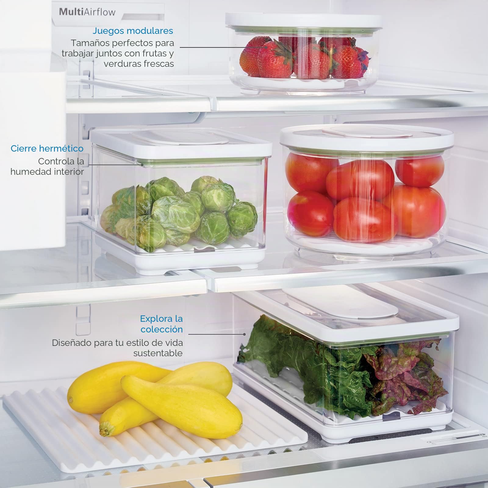 iDesign Organizador de Nevera con Tapa, Recipiente hermético Grande para Frutas y Verduras con regulación de Aire, Organizador de plástico, Transparente/Blanco/Verde | Bandeja de drenaje extraíble, con tapa