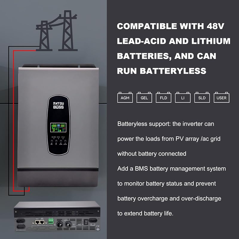 DATOUBOSS 6200W 48V Hibrid Inverter - Tiszta Szinusz Napelemes Átalakító 220V/230V AC Kimenettel, 120A MPPT Napelem Szabályzóval, Akkumuláto