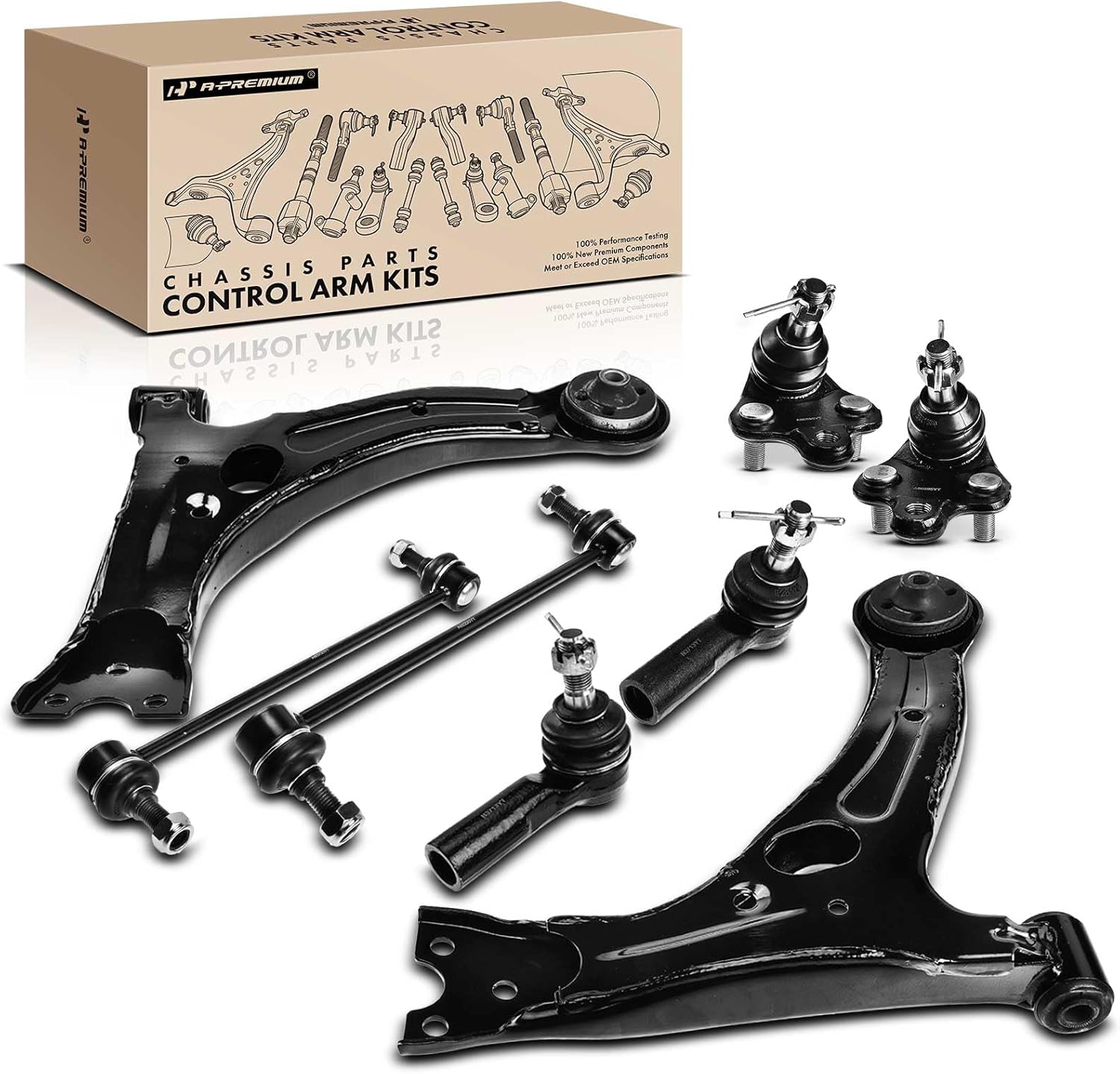 A-Premium Set of 8, Front Lower Control Arm, Sway Bar Link, Lower Ball Joint, Outer Tie Rod End, Compatible with Toyota Matrix 2003-2008, Pontiac Vibe 2003-2008