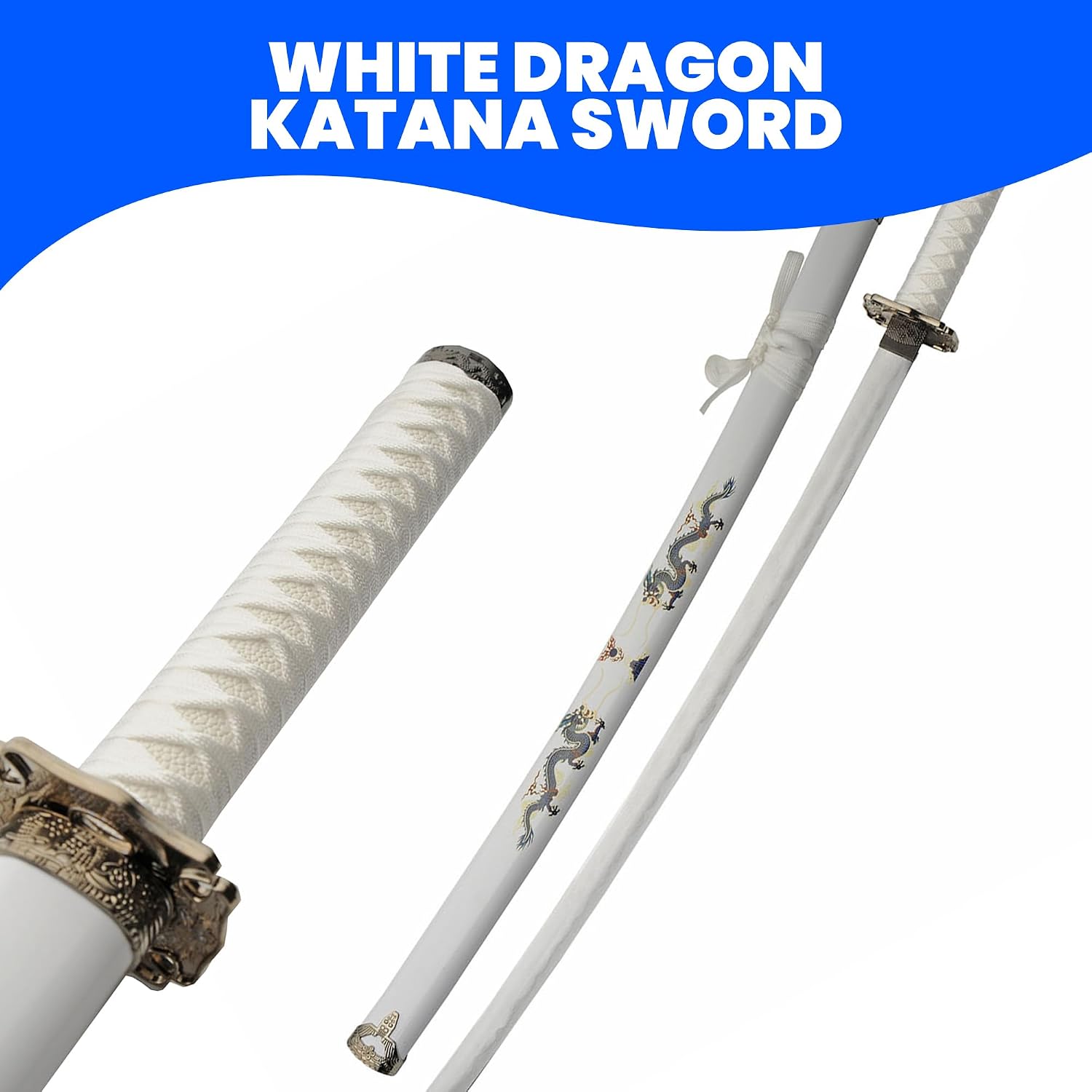 SZCO 39.5” White Dragon Katana Sword – 1045 Carbon Steel Blade with Wrapped Handle and Decorative Scabbard – Samurai Ninja Sword for Display, Cosplay, Martial Arts, LARP, Gift Collection