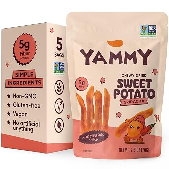 Yammy Chewy Dried Sweet Potato Sticks Sriracha 5-Pack - Healthy Asian Snack for Adults & Kids Japanese, Korean, Chinese Super Food - No Added Sugar, Vegan, Gluten-Free, 5g Fiber, 2.5oz