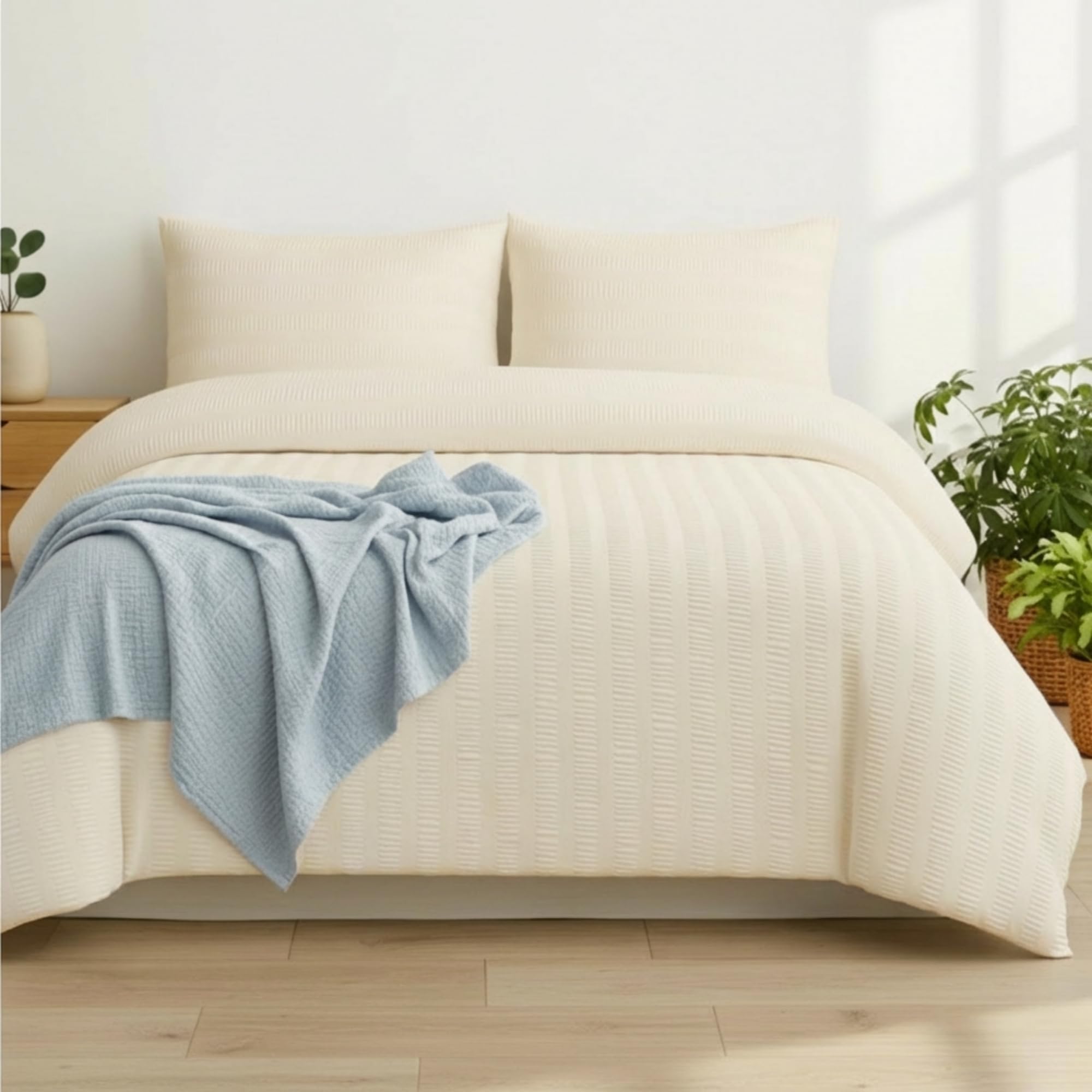 Q&H Bedding King Seersucker Duvet Cover Set - Cream Quilt Cover Brushed Microfiber with Pillowcase - Multiple Sizes Complete Bedding Set - Soft & Breathable, Easy Care & Machine Washable — image 1