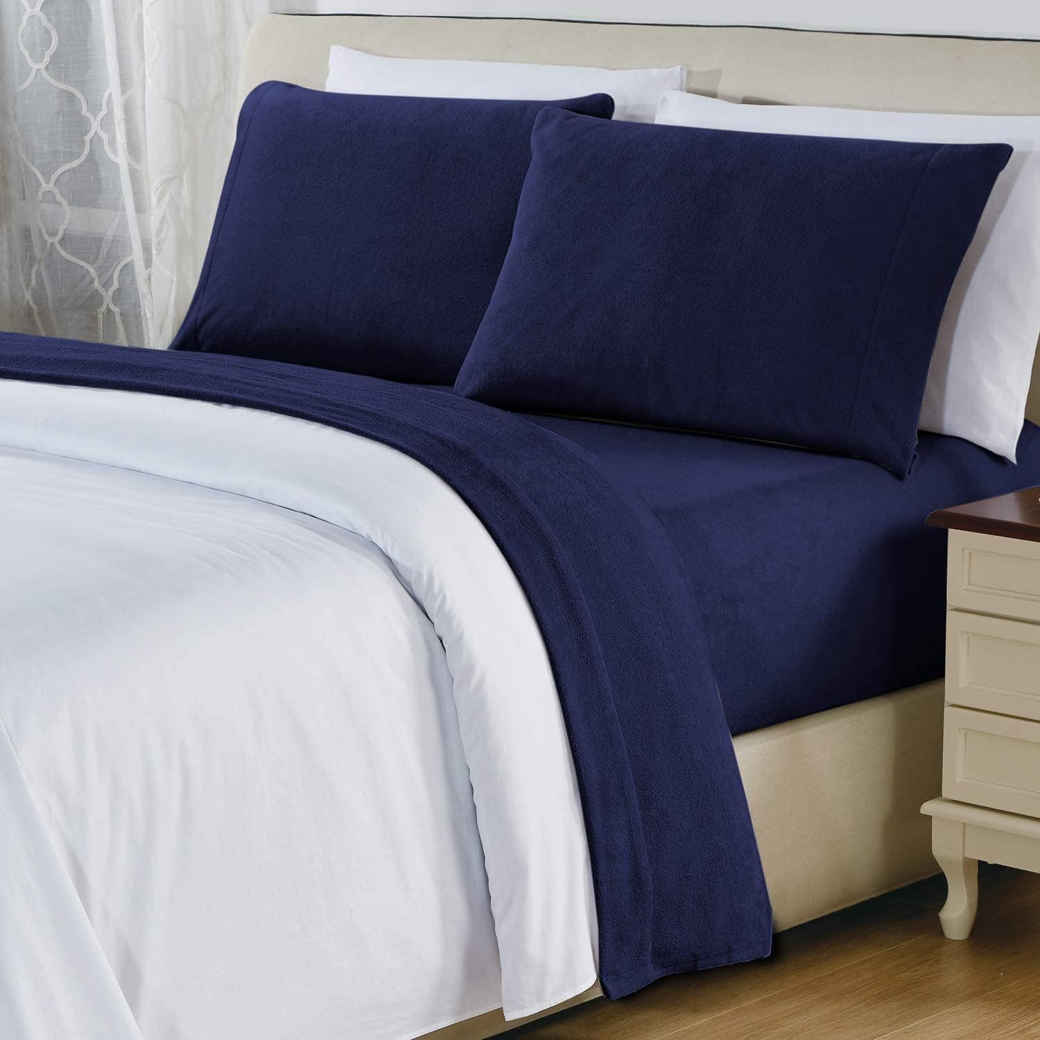 softan Fleece Queen Sheets Set 4-Piece Fuzzy Bed Sets with 16" Deep Pocket Fitted Sheet, Flat Sheet and Pillowcase,Navy