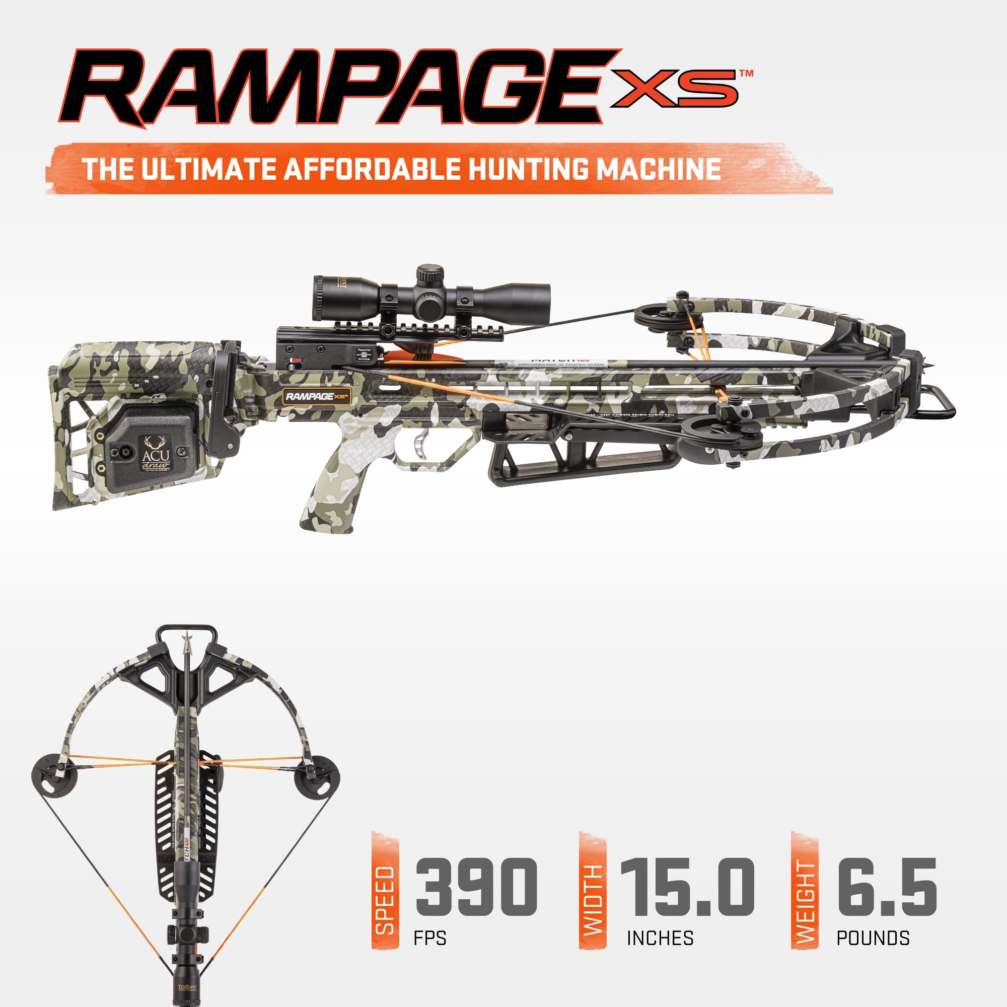 Wicked Ridge Rampage XS Crossbow Bundle, Peak XT - 390 FPS - Includes Built-in ACUdraw Cocking Device, Lighted 3X Pro-View Scope, Accessory Kit & Soft Case