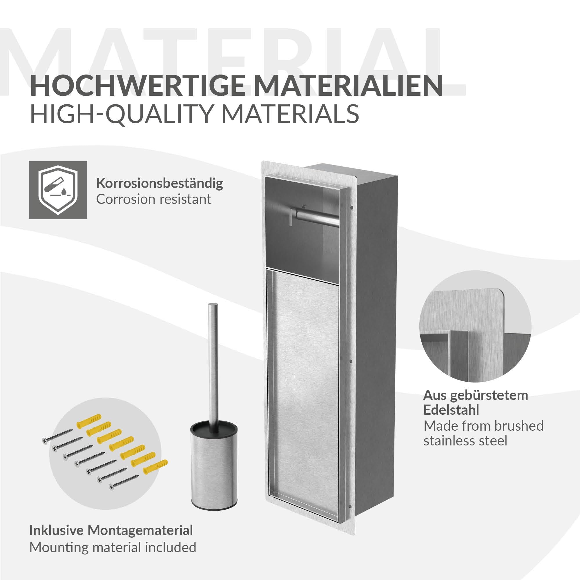 LuxeBath Unterputz-Schrankmodul aus Edelstahl für die Klobürstengarnitur, Silber, 60x20x14 cm, Badezimmerschrank mit Toilettenpapierhalter, Einbauschrank mit Toilettenbürste, WC Wandnische befliesbar