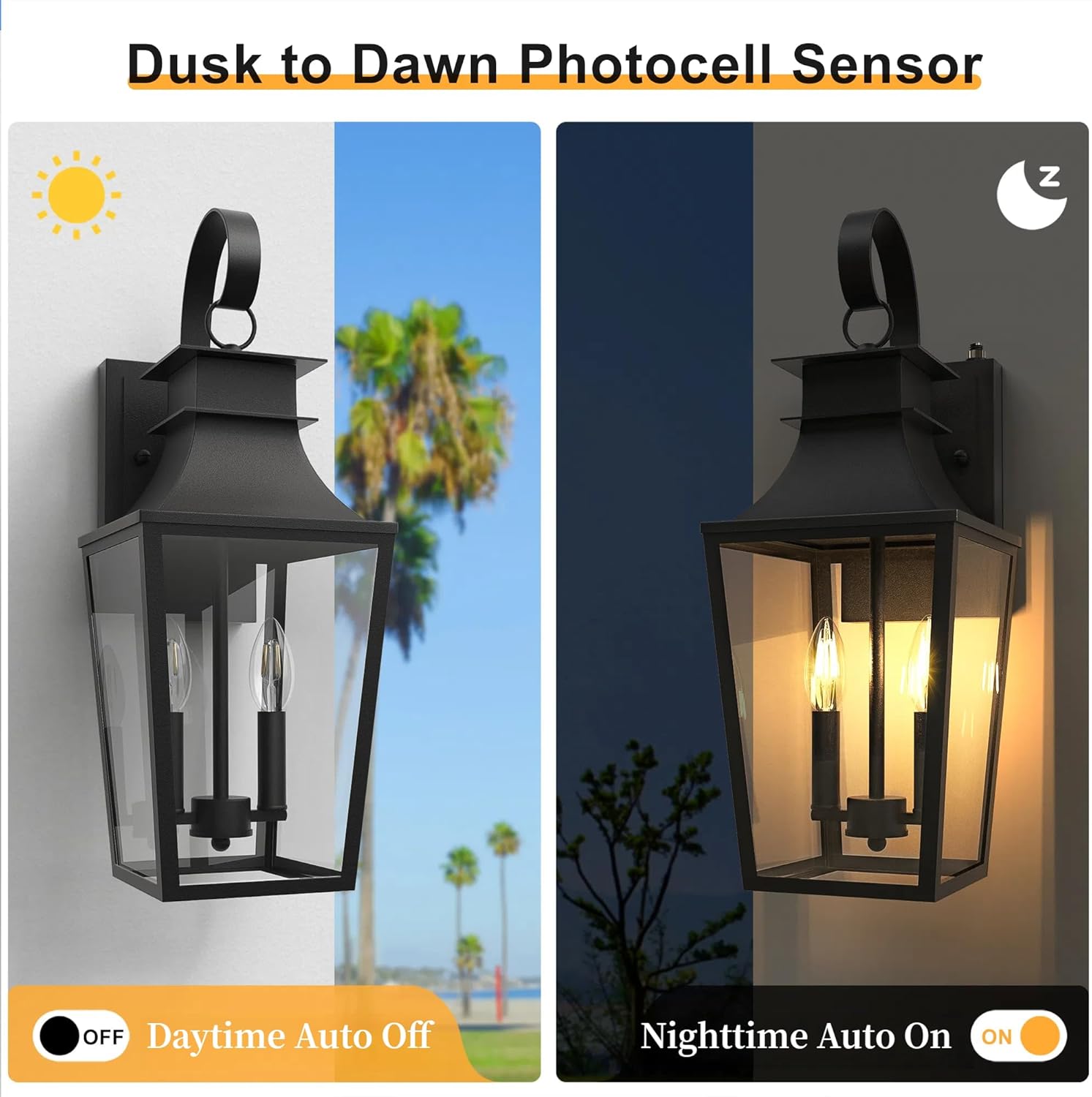 20.98-INCH Outdoor Wall Sconce 2-Light, Waterproof Exterior Light Fixtures Wall Mount Outside Light with Glass, Dusk to Dawn Outdoor Wall Lantern for Porch, House, Garage, Black