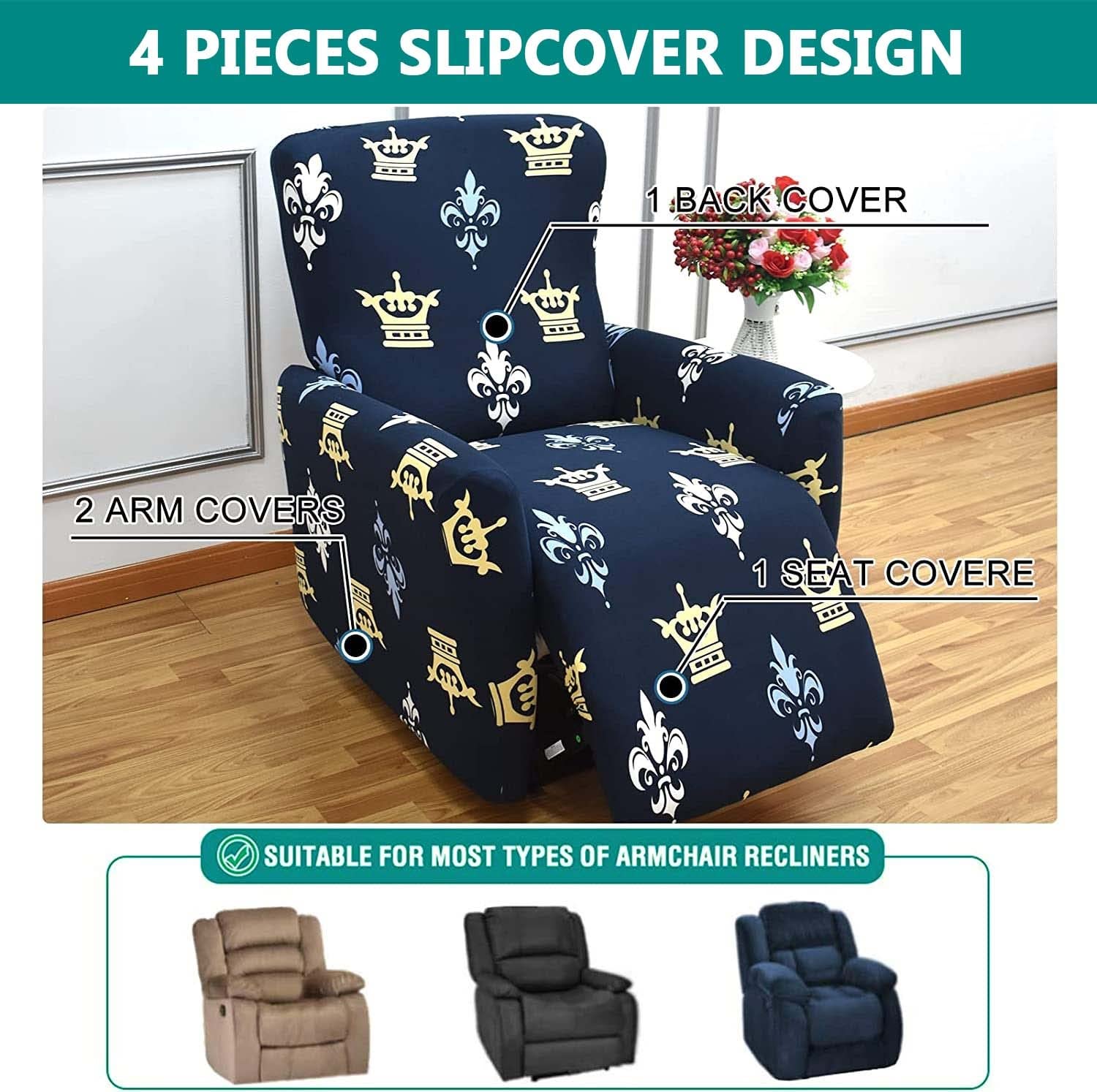 4-Pezzi Copripoltrona Relax Reclinabile Universale, Moderna Fodere Copripoltrona Reclinabile 1 Posto Elasticizzato Lavabile Rimovibile,Copertura per Poltrona Reclinabile (Color : #15)