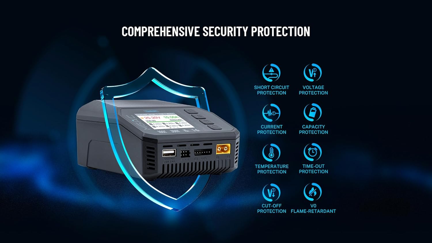 Toolkitrc M6AC charger with icons representing comprehensive security protections: short circuit, voltage, current, capacity, temperature, time-out, cut-off, and flame-retardant.