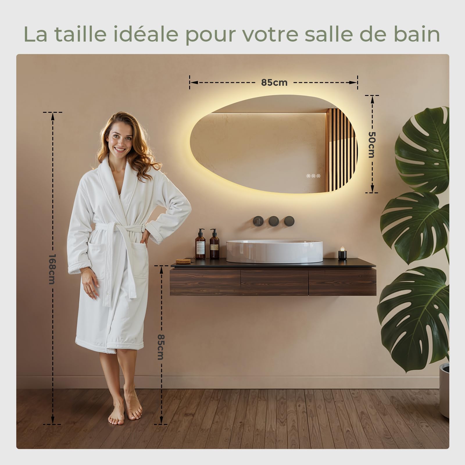 S'AFIELINA Miroir de Salle de Bain avec Éclairage 85×50×2,5 cm (H×L×P) Miroir Rond Asymétrique avec Interrupteur Tactile, Dimmable, 3 Couleurs de Lumière Réglables, Antibuée Miroir de Salle de Bain