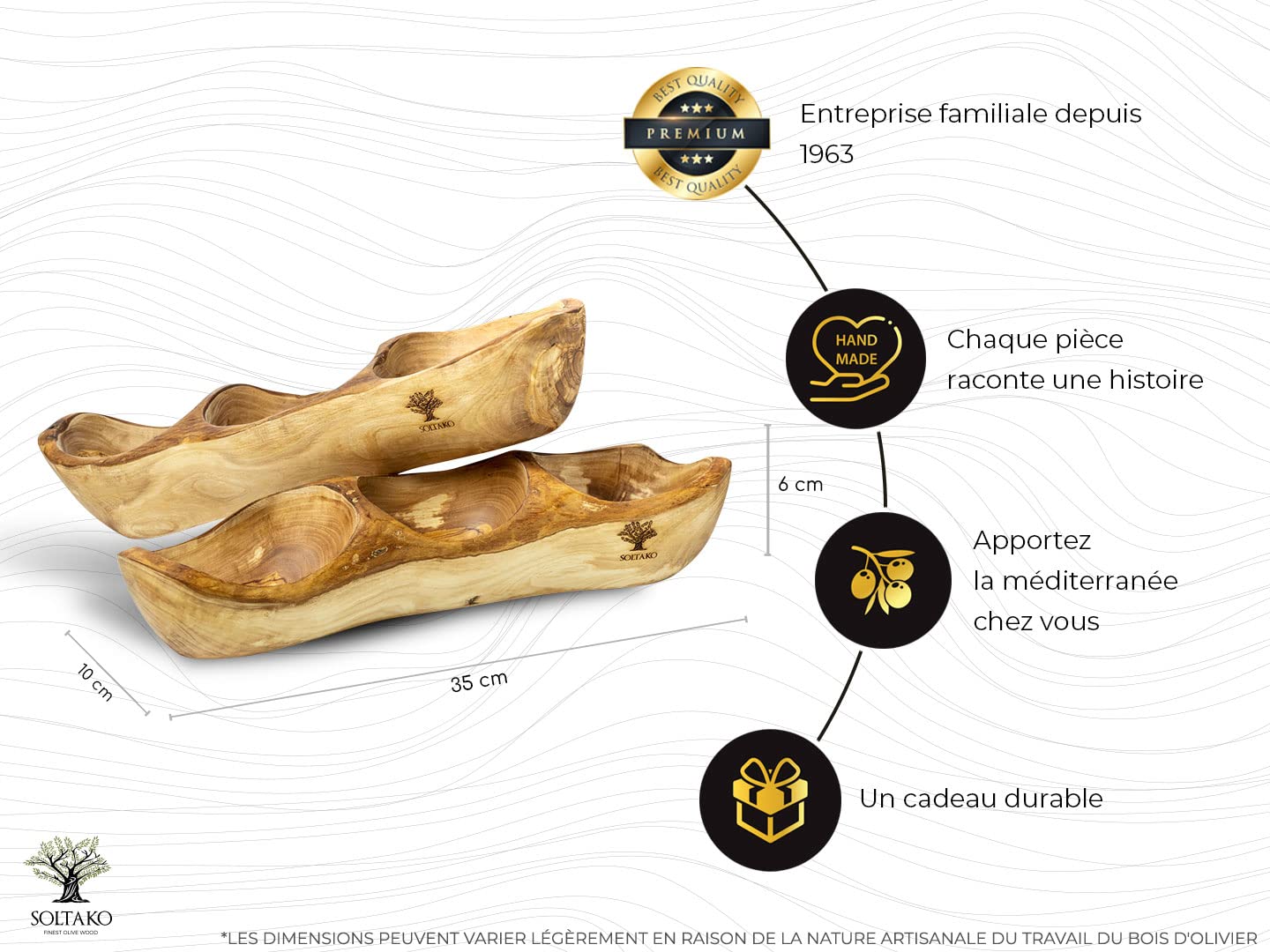 SOLTAKO Assiette Apéritif en Bois d’Olivier - Lot de 2 Plateau Apéro à 3 Compartiments - Plat de Service - Bol en Bois Brut pour Fromages, Sauces, Charcuterie, Noix - Bol à Snack - env. 34x10cm