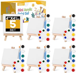 ESRICH 5-Pack Mini Acrylic Paint Set with 4x4in Canvases, Easels, Brushes & Palettes - Kids Adults Painting Party Kit, St. Patrick's Gifts
