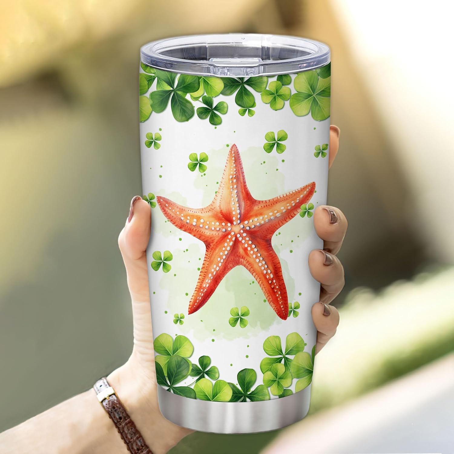 Hyturtle Personalized Gifts Star Fish Lover - With Lucky Four Leaf Clover Custom Name Coffee Tumbler Cup Stainless Steel 20oz, Sea Animal Lover Gifts For Women, Girl On Birthday, St Patricks Day