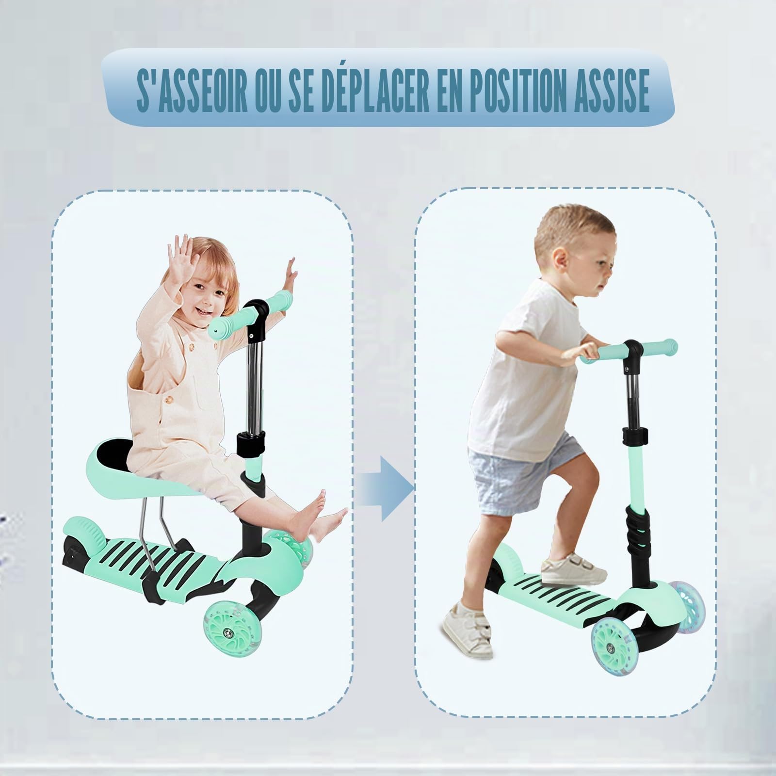 Trotinette Enfant 2-8 Ans 3 en 1 avec siège Amovible Trotteur évolutive Roues Lumineuses sans Pile Pliable