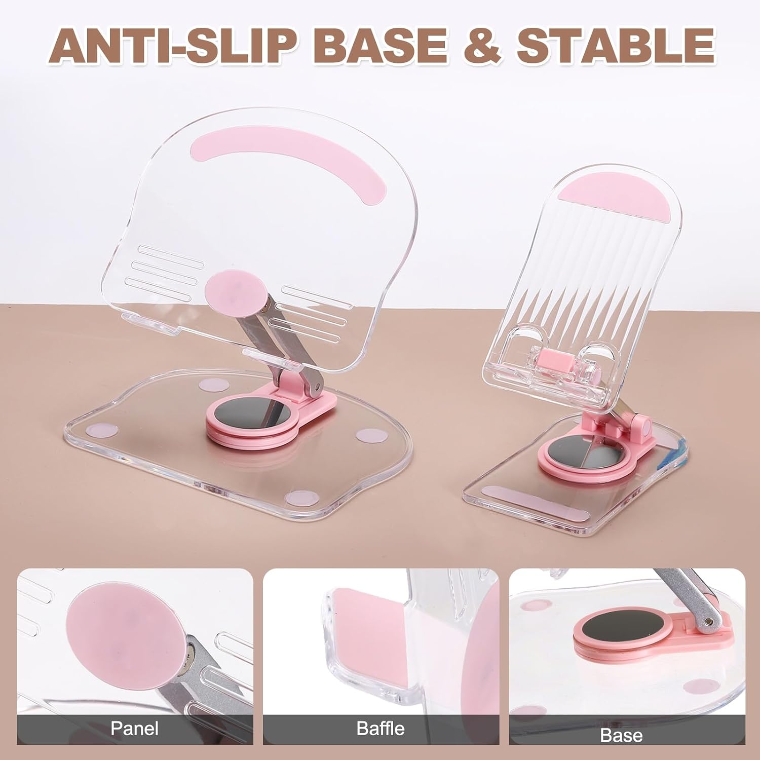 PATIKIL Acrylic Tablet Stand, Acrylic Cell Phone Holder Adjustable Foldable Portable Clear Cute with 360 Degree Rotating Base for Desk Home Office Women Gifts, Pink