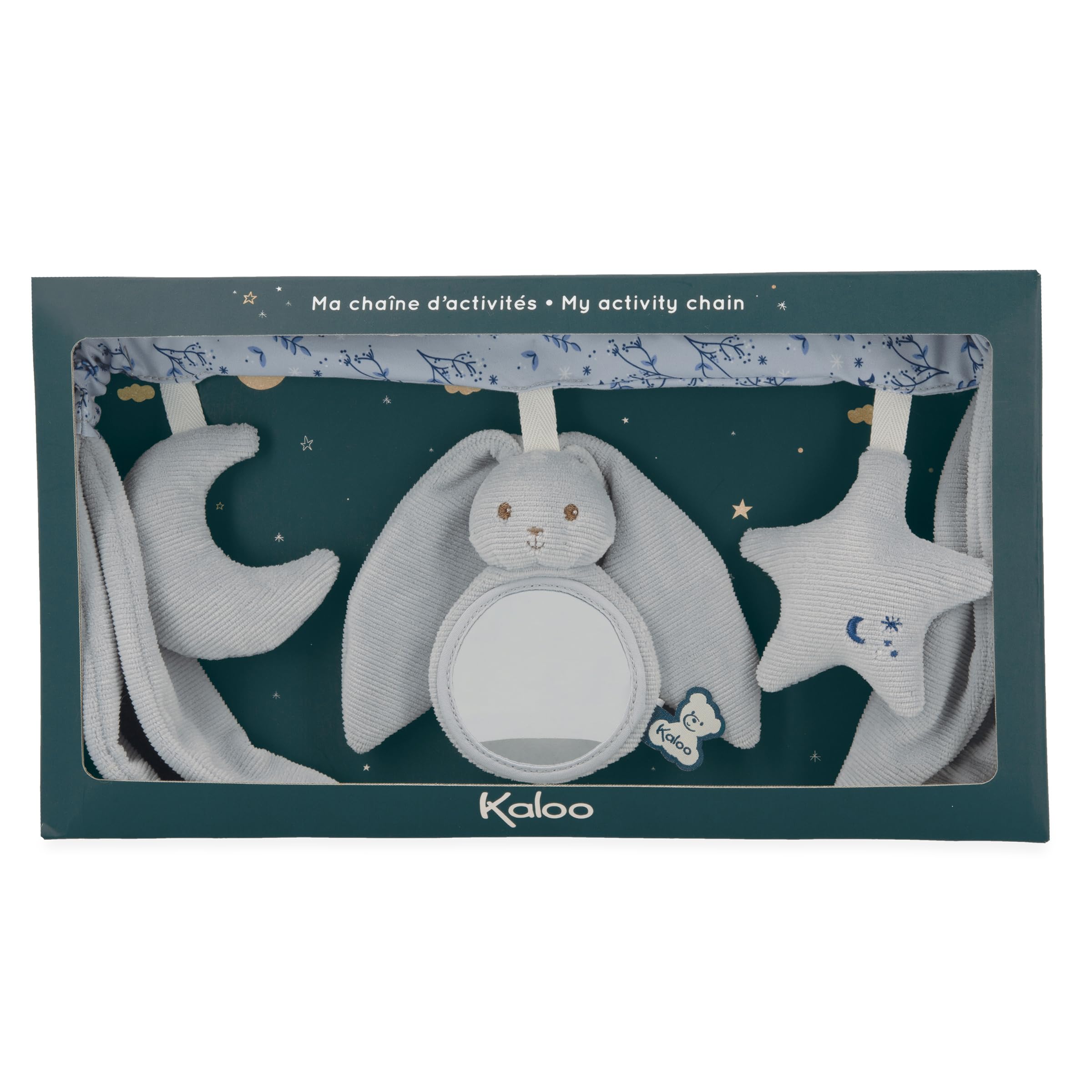KALOO - Chaîne d'activités Bébé - Idéal Poussette, Lit, Cosy - Longueur 40cm - Arche D'activités Lapinoo pour Bébé avec Hochet - Coloris Bleu - Dès la Naissance - K218021