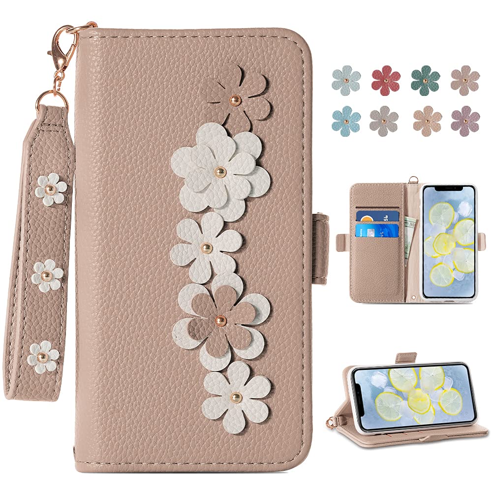 Homelax Case for iPhone 12 Mini, [Kickstand Function] PU Leather [RFID Blocking] Phone Wallet Case with [Flower Design] Flip Folio Case Cover [2-Slots] and [Wrist Strap] for iPhone 12 Mini 5G 5.4 inch