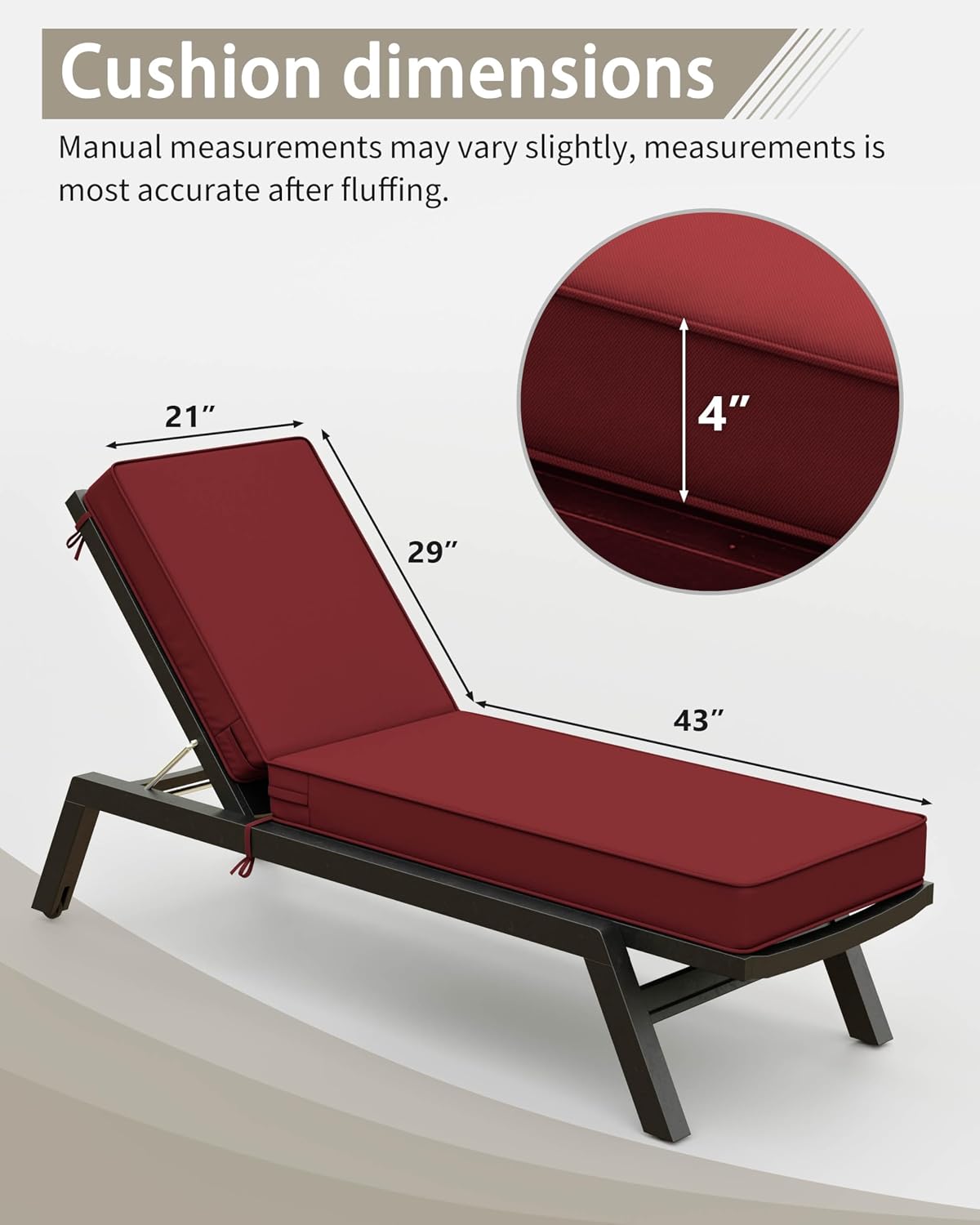 2 Pcs Chaise Lounge Cushions Outdoor Furniture 72" L X 21" W X 4" D High-Density Foam Outdoor Lounge Chair Cushions with Ties Waterproof & Fade Resistant for Lawn and Pool Lounge Chairs