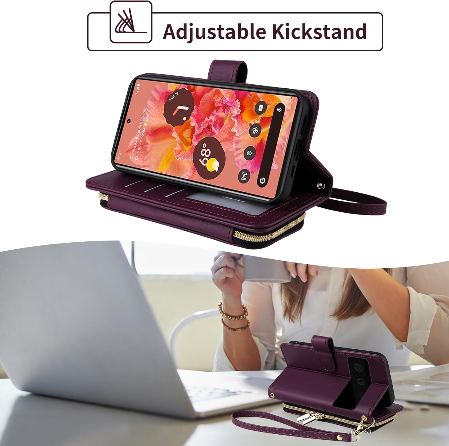 Wallet Case for Google Pixel 6 with Detachable Wrist Strap 9+ Card Slots Zipper Purse Luxury PU Leather Stand Full Body Accessories Cell Phone Cover for Pixel6 Pixle Six Women Girls Deep Purple