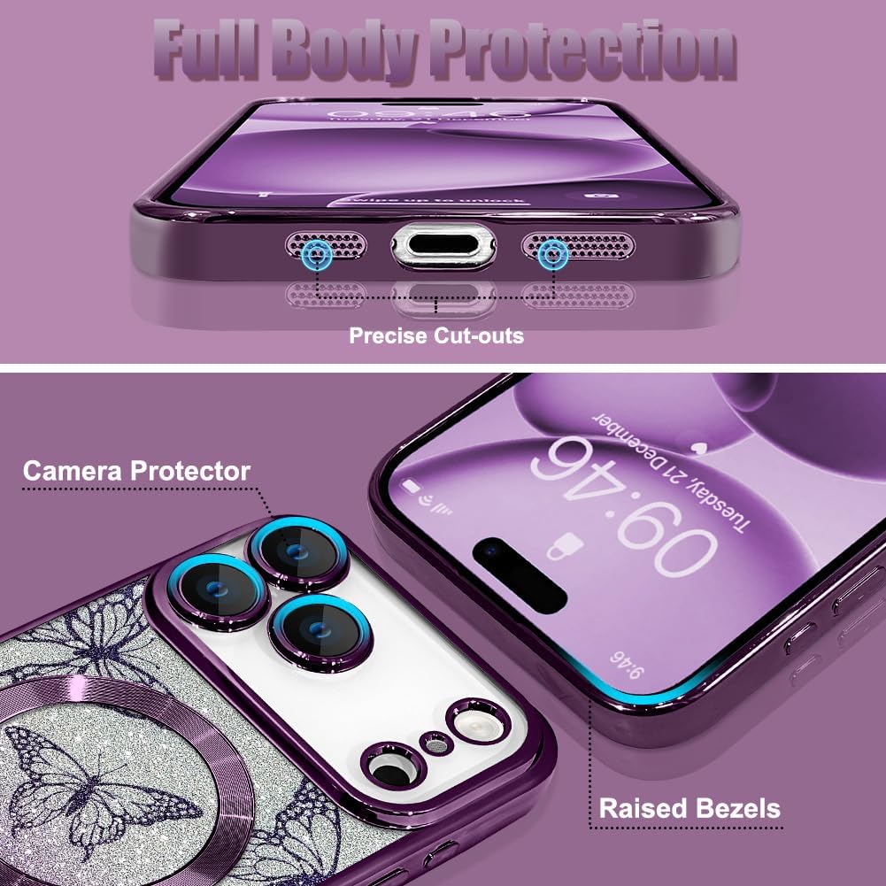 Case Fit for iPhone 17 Pro 6.3 Inch [Compatible with MagSafe] Glitter Bling Magnetic Phone Case [2 Pieces of Butterfly Design Insert] Soft TPU Shockproof Phone Cover for Women - Purple
