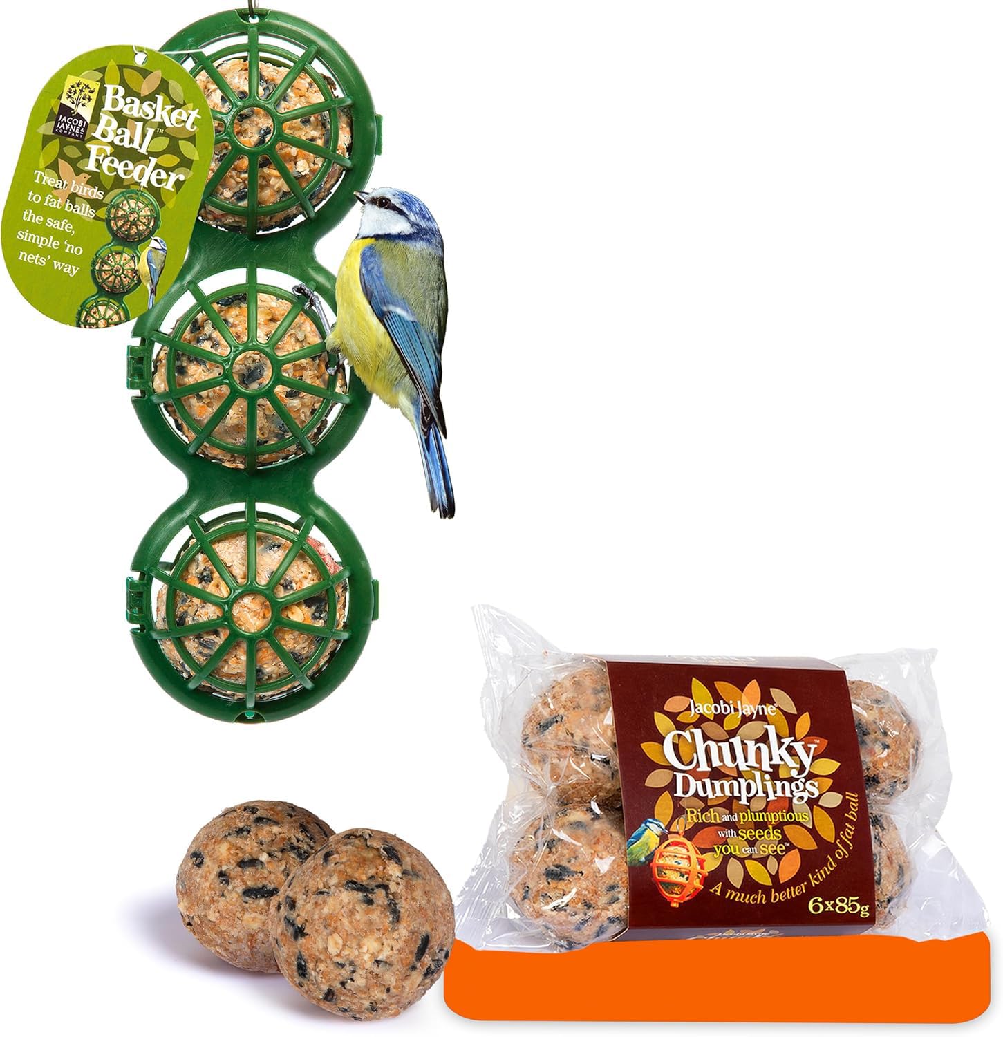 Fat Ball Feeder with Fat Balls - Jacobi Jayne® Basketball™ Bird Feeder with Chunky Dumplings™ suet balls - Bird Feeders Hanging Station for High Energy Suet