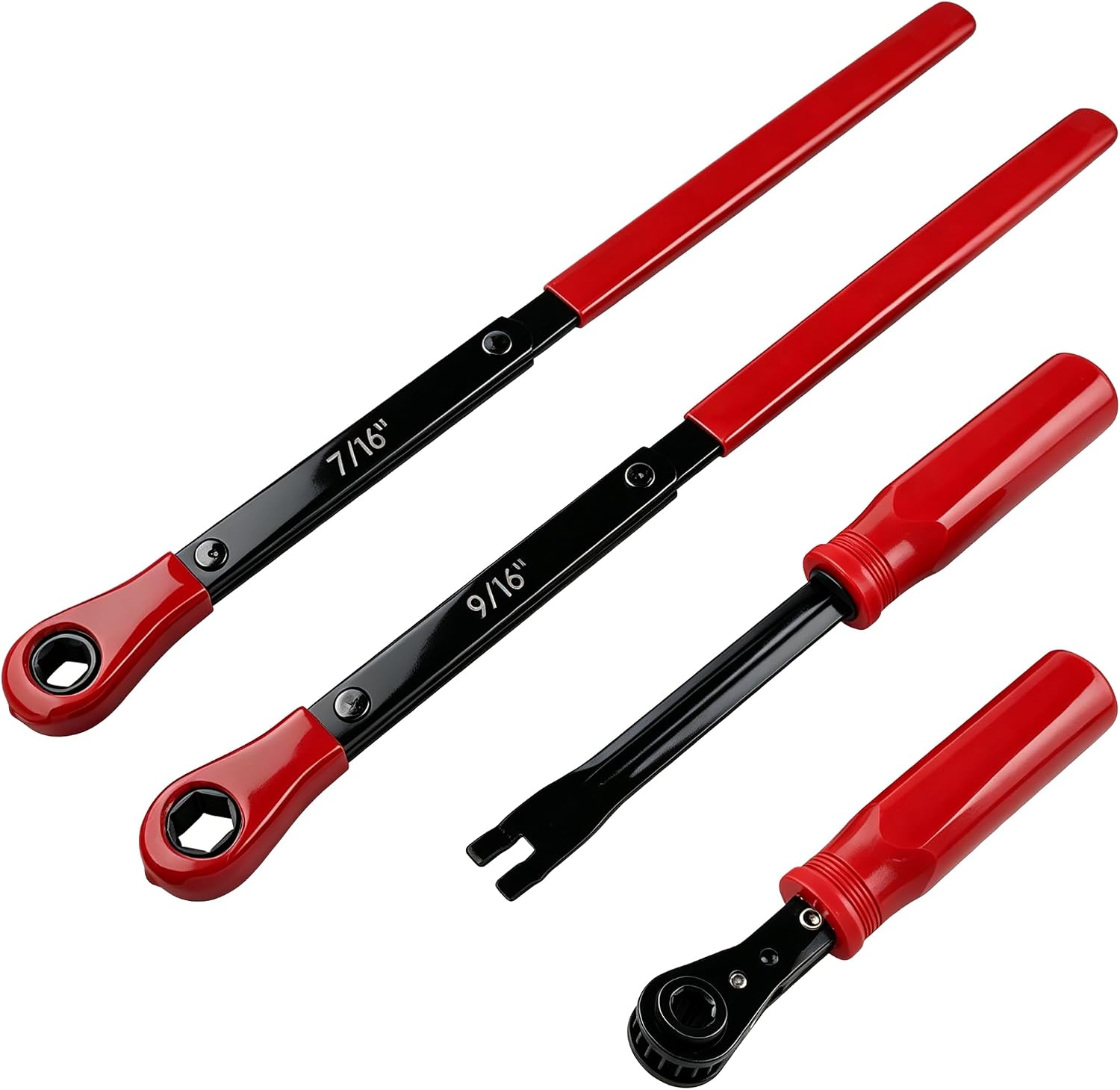 Slack Adjuster Tools Heavy Duty Truck, Professional Brake Adjustment Repair Tool Kit Fork End Release Tool and Double Square Ratcheting Wrench, 5/16" 7/16" 9/16" 4Pcs/Set