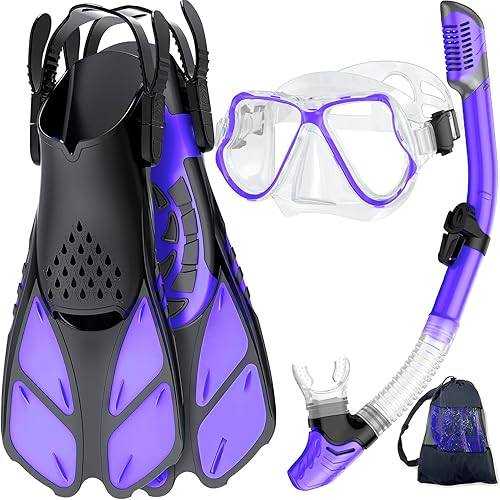Zenoplige Mask Fins Snorkel Set, Snorkeling Gear for Adults, Panoramic View Snorkel Mask Anti-Fog, Adjustable Dive Flippers, Dry Top Snorkel and Travel Bag, Scuba Gear for Swimming Snorkeling Diving