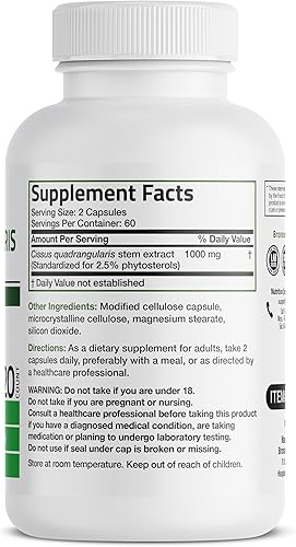 Miniatura 2 de Bronson Cissus Quadrangularis Extract 1000 mg Cápsulas - Huesos fuertes y articulaciones saludables - Sin OMG, 120 cápsulas vegetarianas