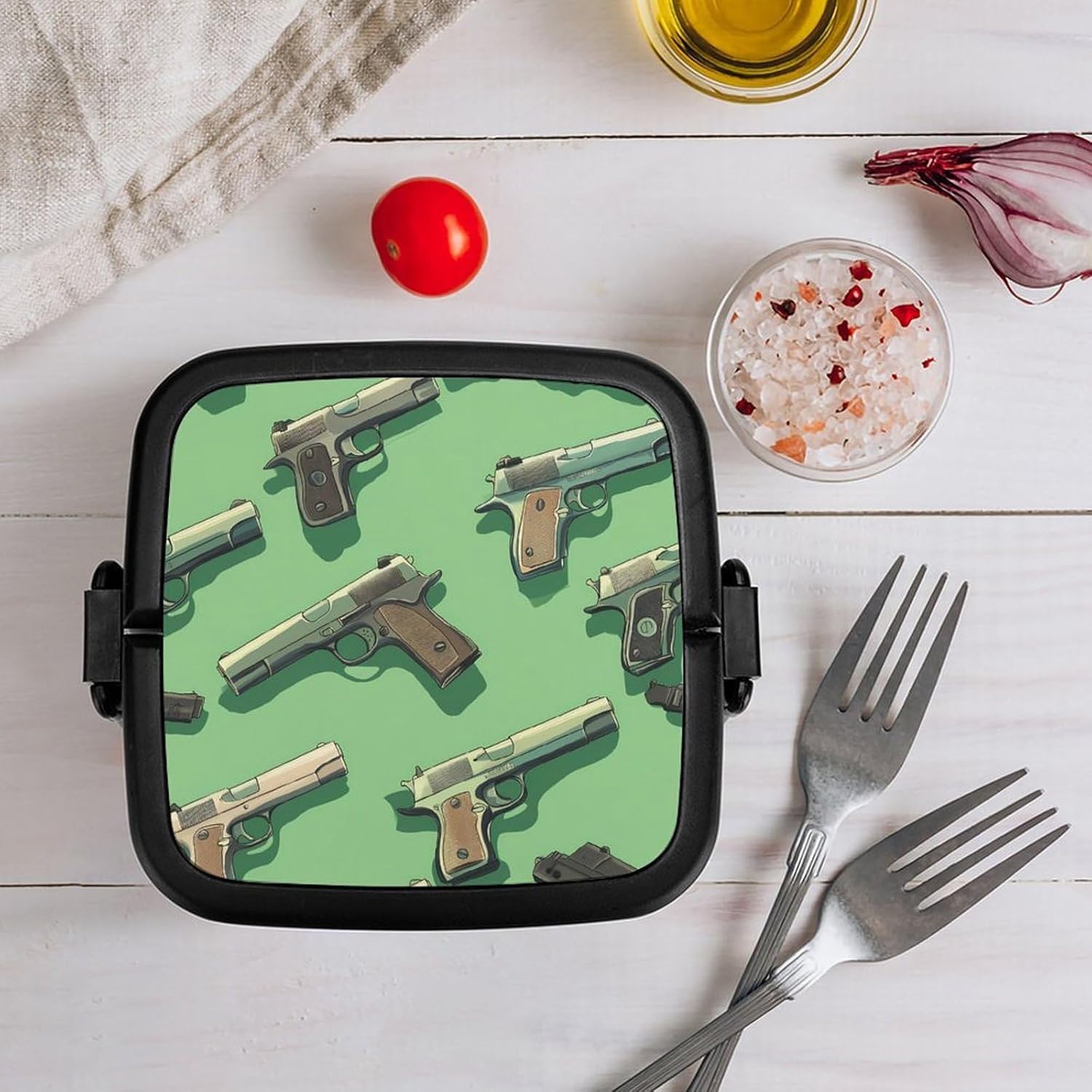 Guns Print Bento Box with Spoon 2 Layer Food Container Cute Lunch Box for Travel Dining Work