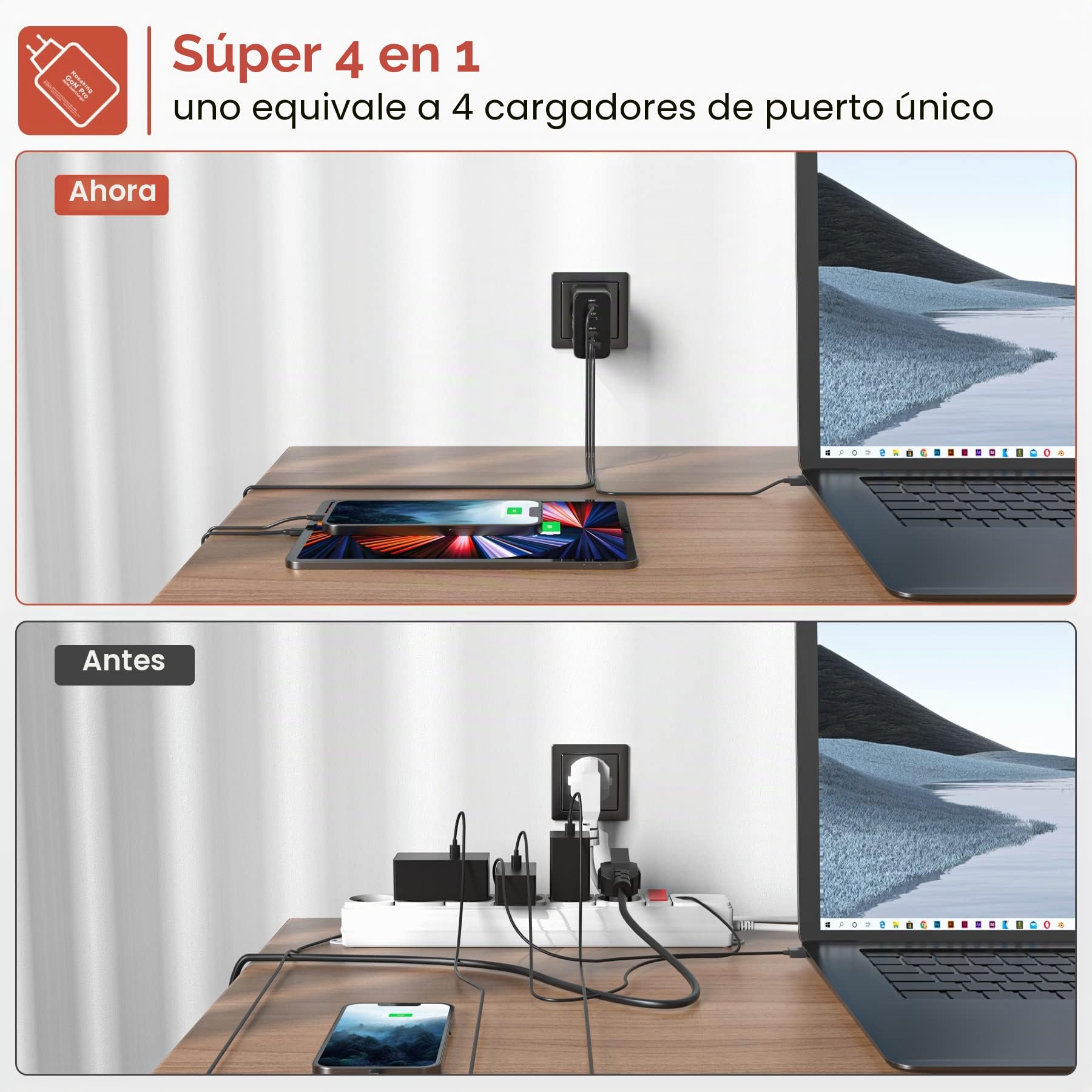 Rosaking Cargador USB C 200W,Cargador Rápido GAN III Tech,4 Puertos Cargador Rapido USB C para MacBook Air,Cargador Compatible con Samsung Galaxy Book