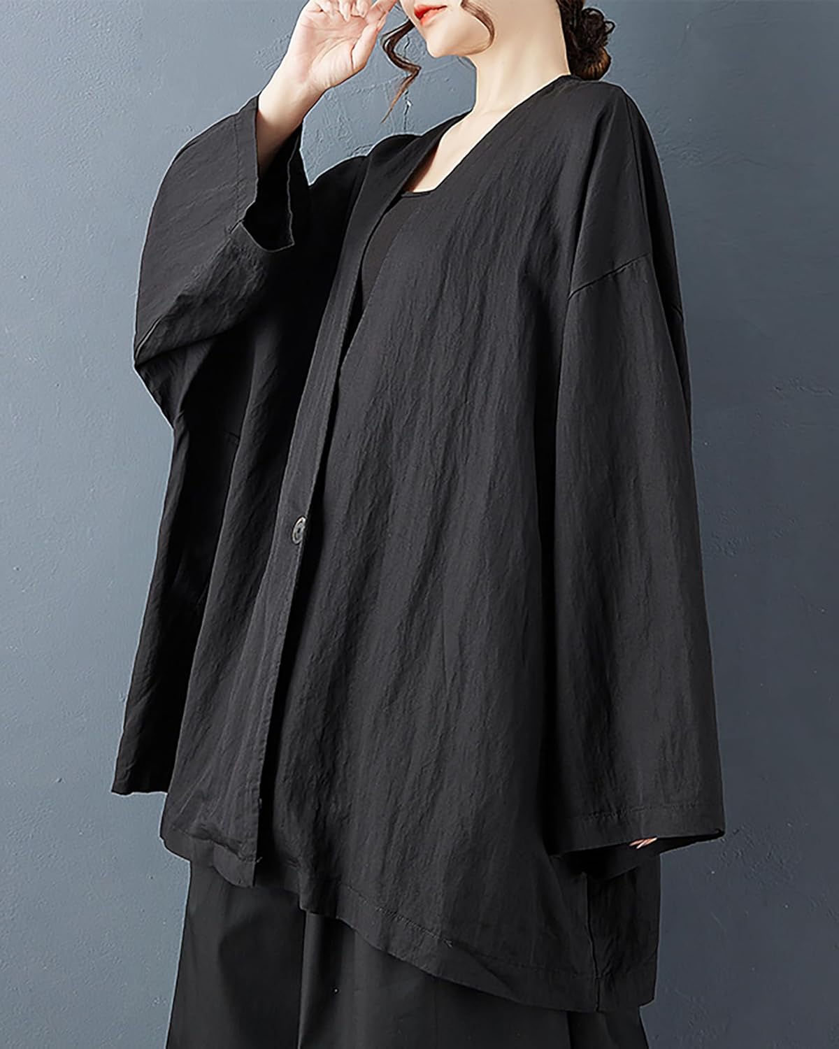 ellazhu Women's Coats V-neck Solid Vintage Long Sleeve Button Down Plus Size Side Pockets GZ701 A