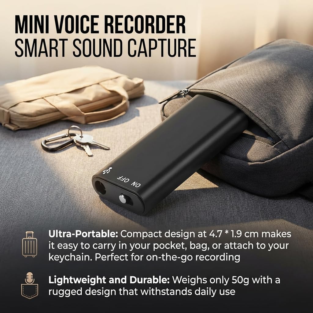 Mini Voice Recorder Smart Sound Capture, Long Battery Life, Voice Activated Recorder, Voice Activated Recorder with Ai-Intelligent Triple Noise Reduction for Work, Meetings, Lectures (32GB)