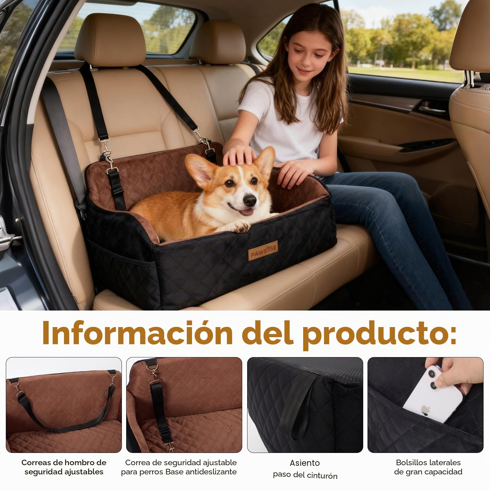 PAWBOSE Asiento de coche para perros medianos/grandes, asiento elevador de menos de 55 libras o 2 perros pequeños, relleno de cama de espuma viscoelástica, extraíble y lavable, cómodo asiento de coche