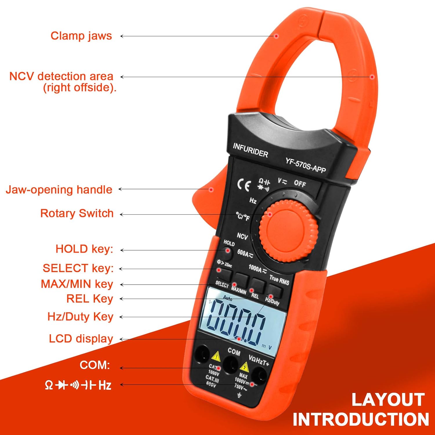 Digital AC/DC Volt Amp Clamp Meter,Wireless Bluetooth Auto Ranging 1000A Ammeter Clamp Multimeter for Voltage,Current,Ohm,Cap,Temperature Tester