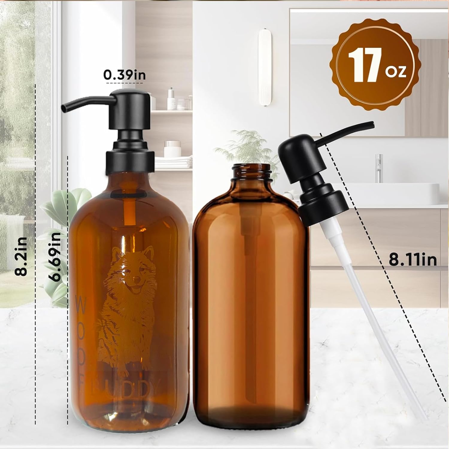 Amber Glass Soap Dispenser, Hand Soap Bottle with Stainless Steel Pump, 17 oz Dish Soap Dispenser Set, Vintage Brown Soap Dispensers Bottle - Image 2
