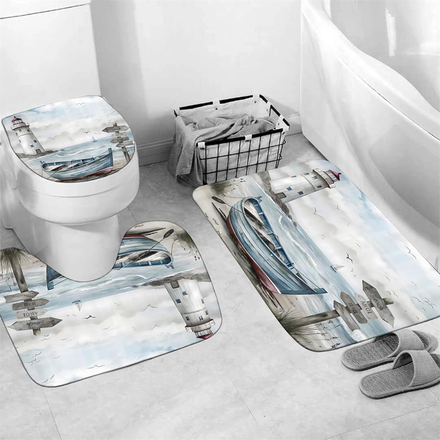 Chrainy 4Pcs Nautical Lighthouse Shower Curtain Sets Wooden Boat Bathroom Set Decor with Non-Slip Rugs Bath U-Shaped Mat Toilet Lid Cover Starfish Lighthouse Bathroom Curtain Shower Set with 12 Hooks