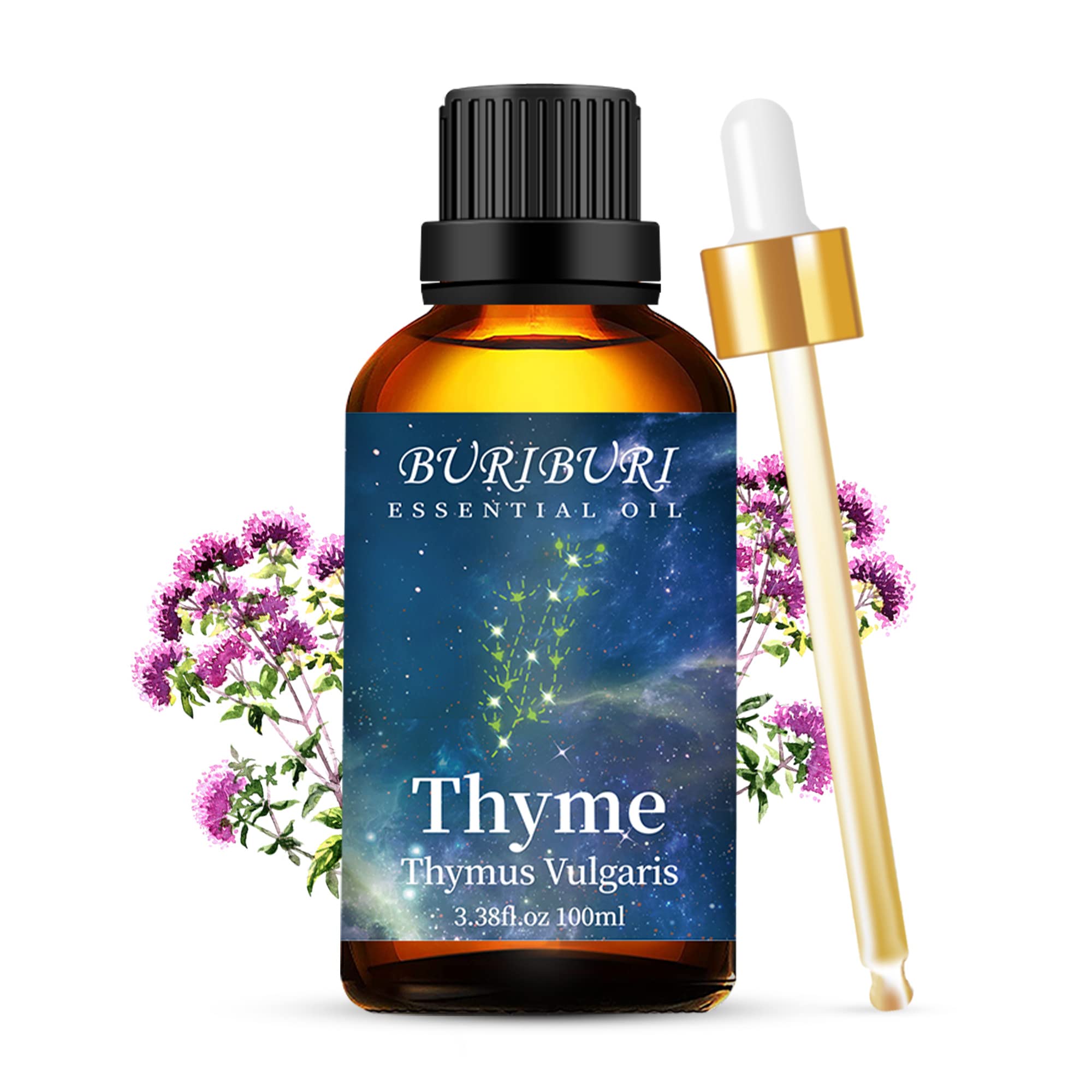BURIBURI 100ML Thyme Essential Oil, 100% Pure Undiluted Aromatherapy Thyme Oil 3.38fl.oz for Soap, Candle Making, Massage, Diffuser, Humidifier