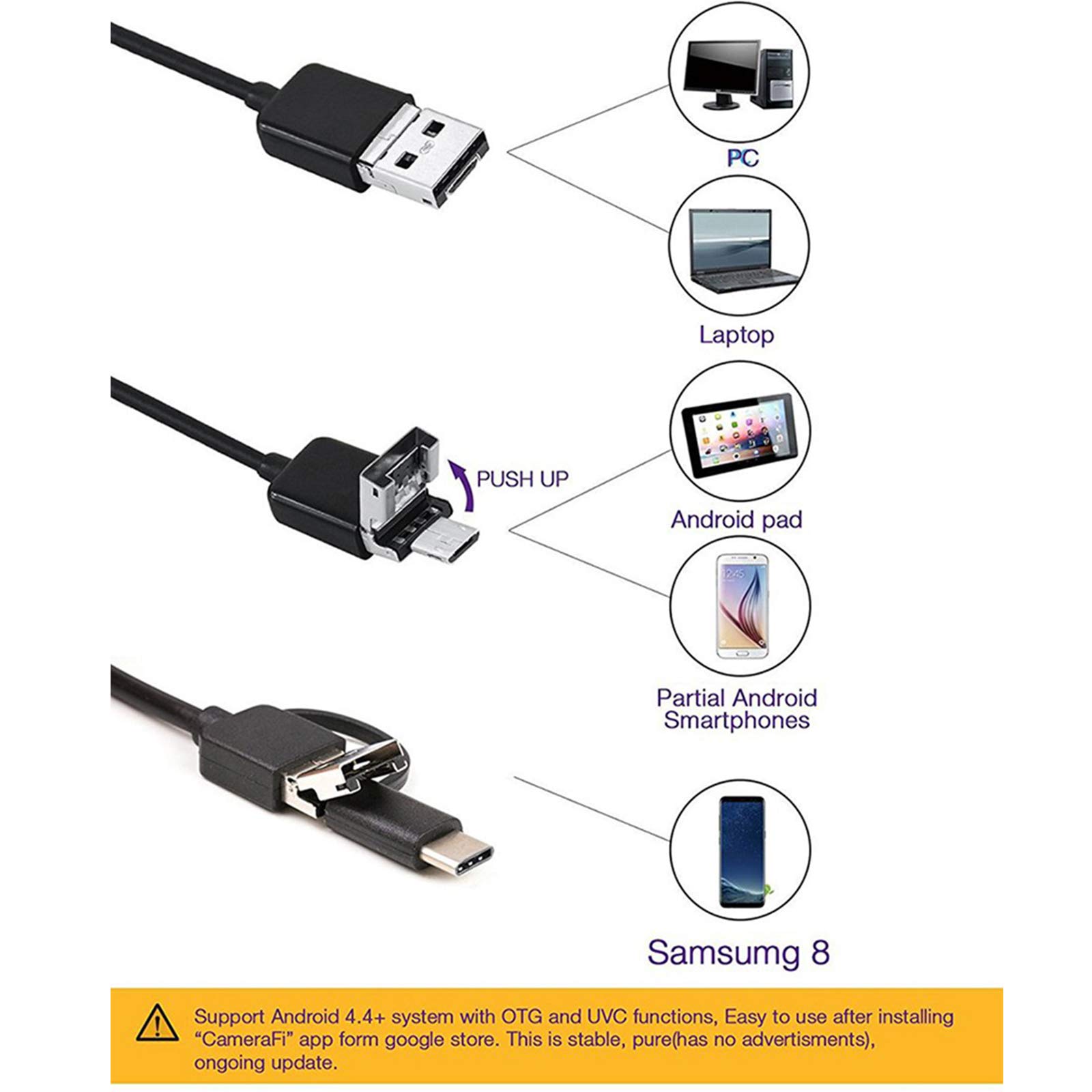 3- IN- 1 endoscopio impermeable 7mm lente inspección cámara endoscopio con 6LEDs soporte MicroUSB/Tipo-C/USB interfaz