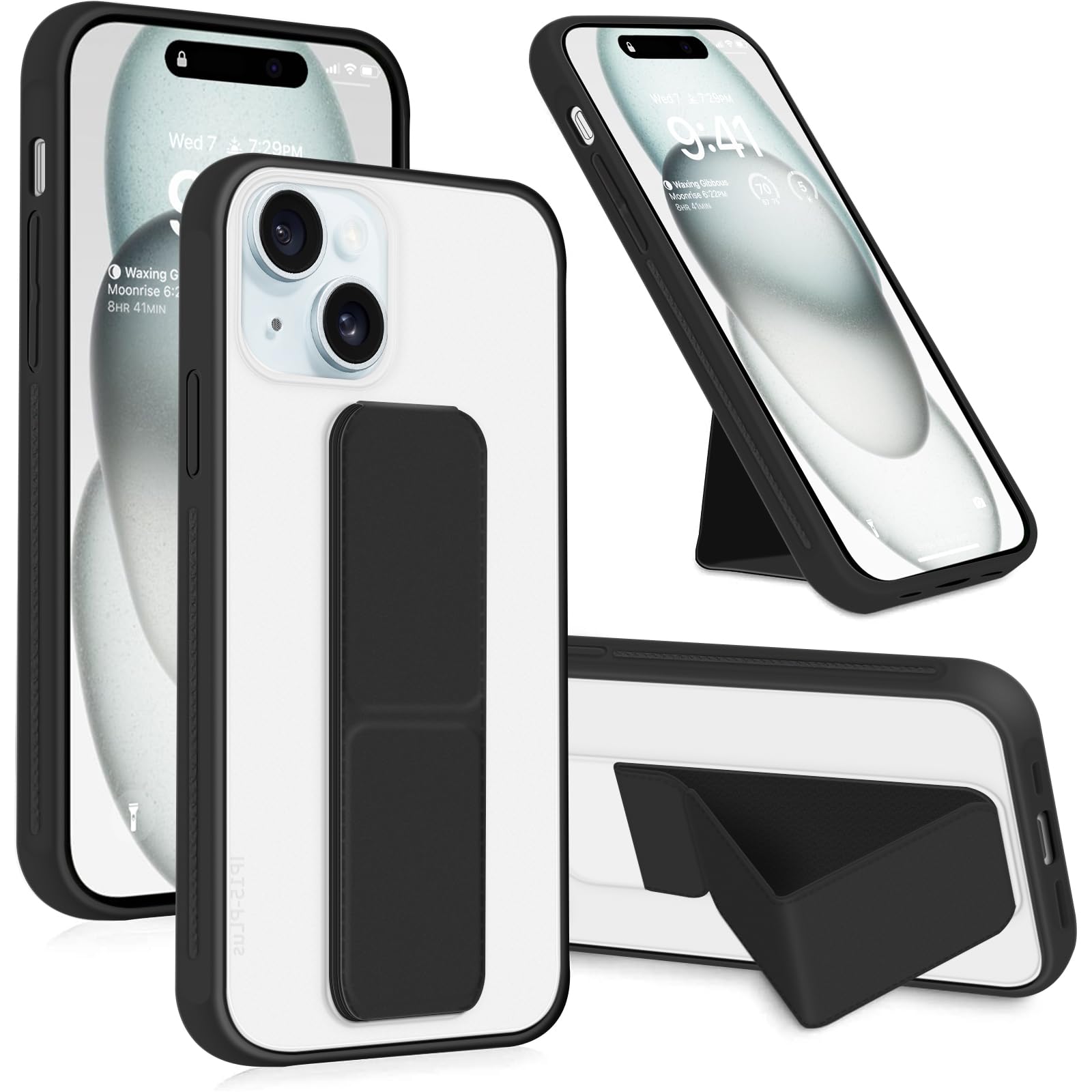 INFOSUN for iPhone 15 Plus Case Stand Cover Matte Cases with Frosted Back Hand Grip Kickstand Cover Holder Shockproof Translucent Design for iPhone 15 Plus (2023) (Black)