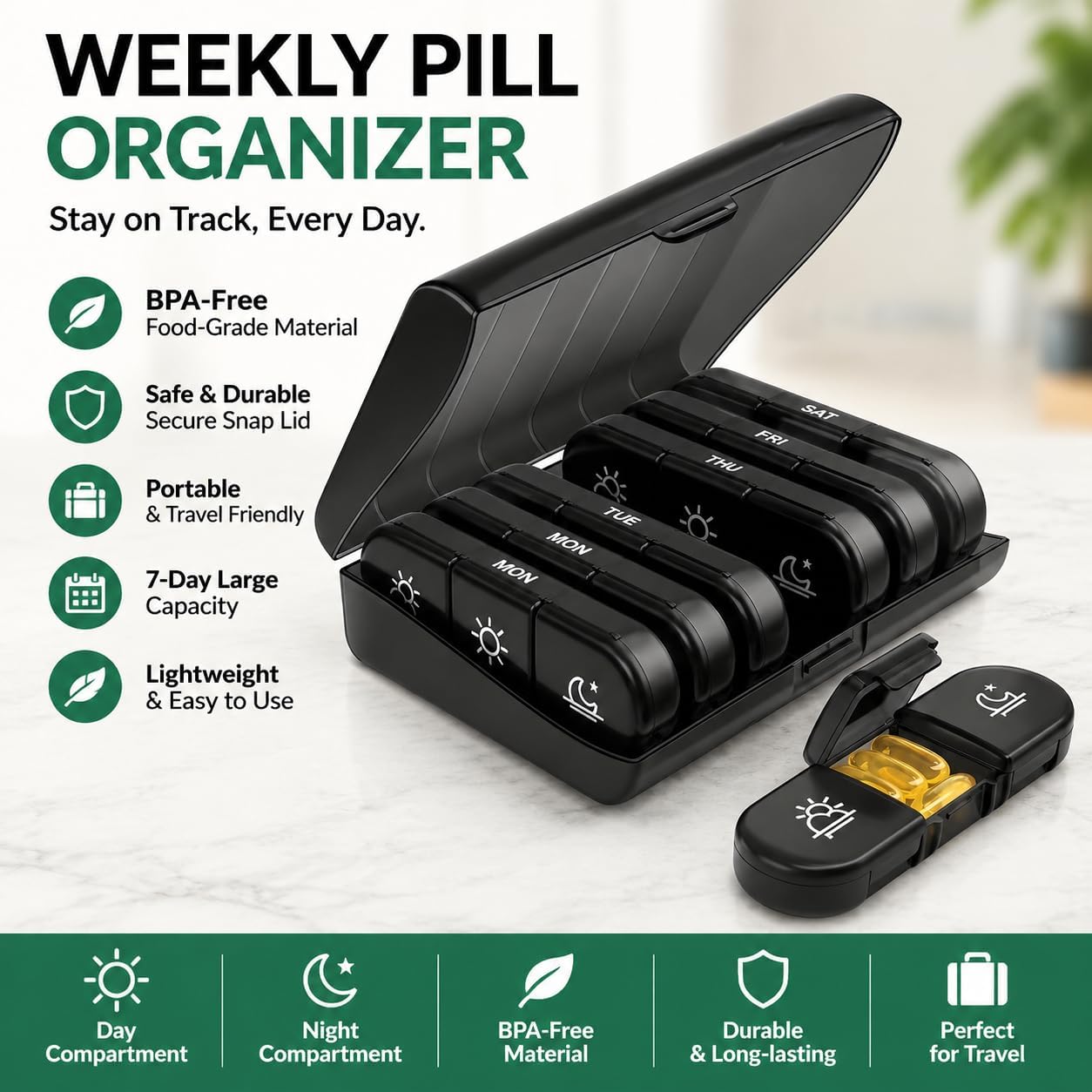 7 Day Pill Organizer 3 Times a Day, 21 Large Compartments Detachable Weekly Medication Box, Portable Travel Pill Case for Vitamins Capsules Tablets, Black image 4