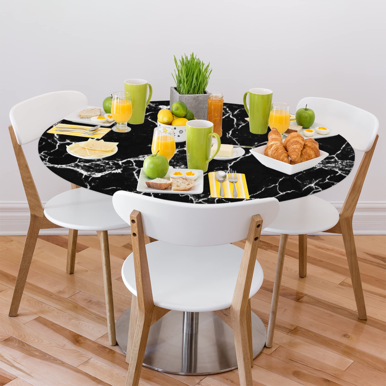AUUXVA Round Table Cloth Marble Black Abstract Fitted Round Tablecloth with Elastic, Polyester Washable Table Cover for 36-42In Diameter Patio Table Party Holiday Home Decor